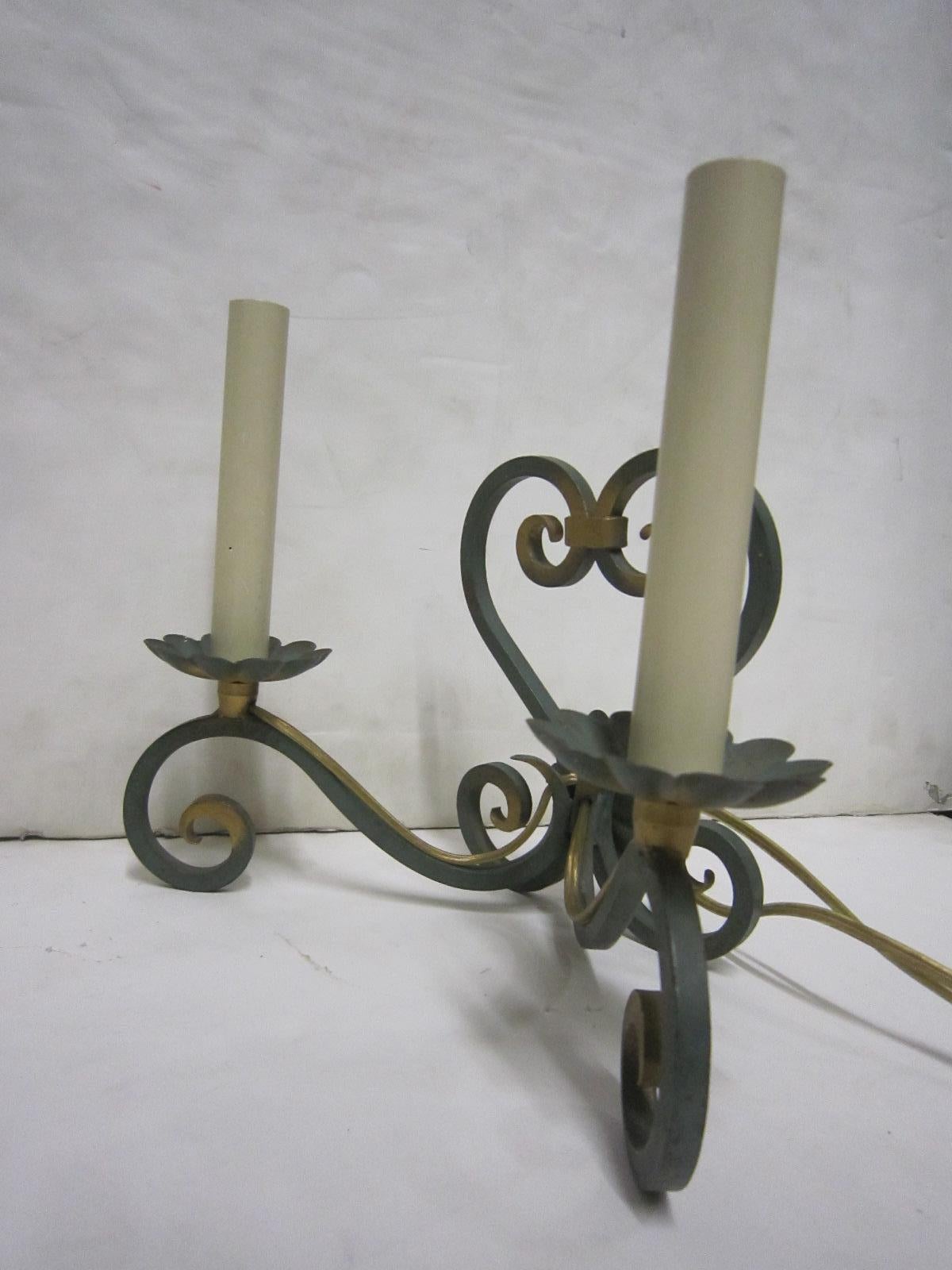 Pair of Original French Verde Green and Gilt Hand Forged Iron Sconces For Sale 11