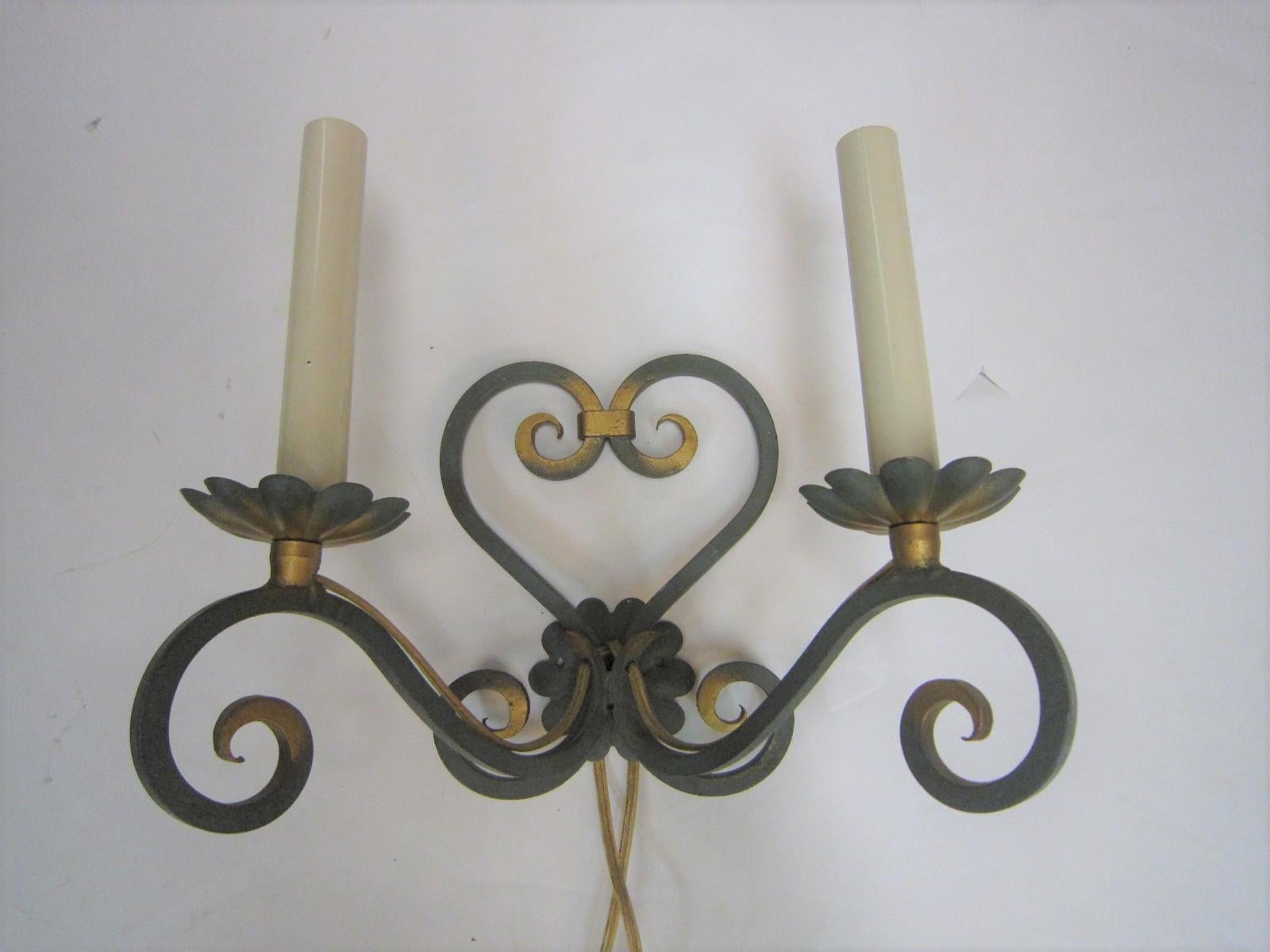 Mid-Century Modern Pair of Original French Verde Green and Gilt Hand Forged Iron Sconces For Sale