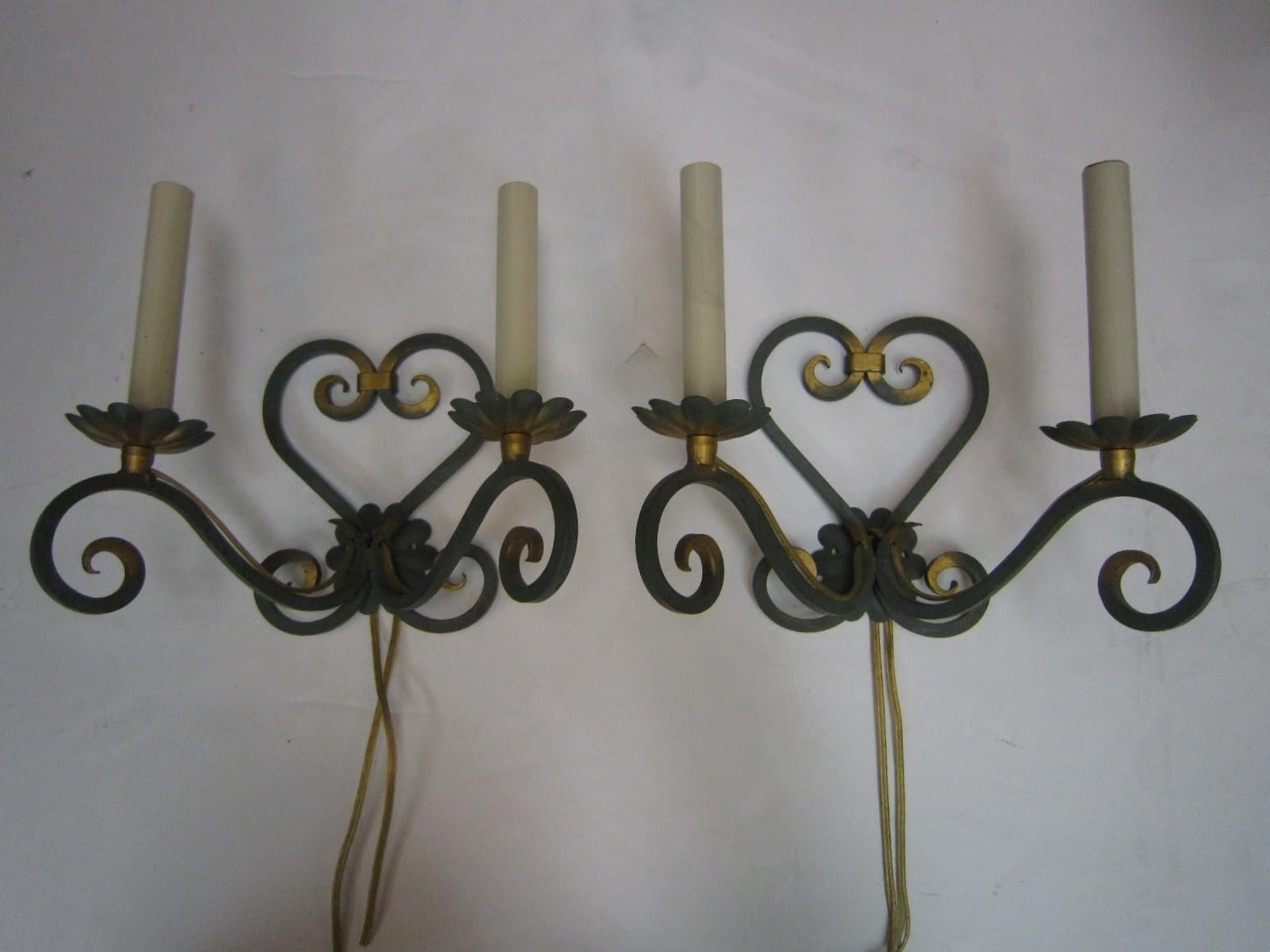 Pair of Original French Verde Green and Gilt Hand Forged Iron Sconces In Good Condition For Sale In New York City, NY