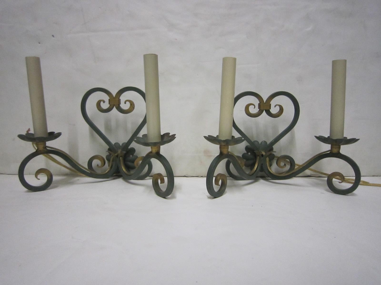 20th Century Pair of Original French Verde Green and Gilt Hand Forged Iron Sconces For Sale