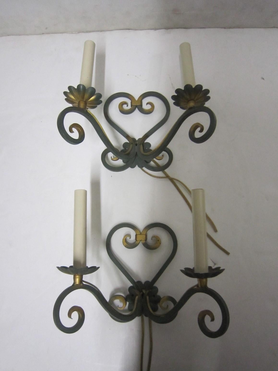 Wrought Iron Pair of Original French Verde Green and Gilt Hand Forged Iron Sconces For Sale