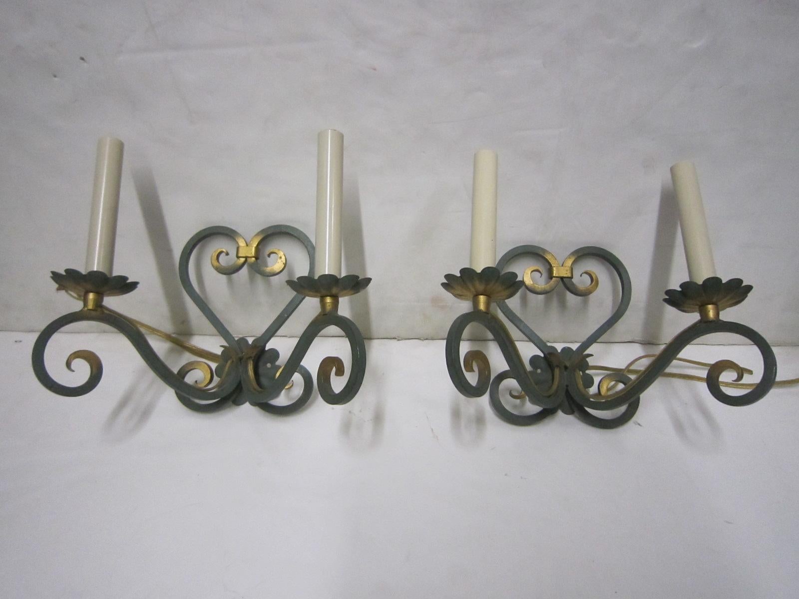 Pair of Original French Verde Green and Gilt Hand Forged Iron Sconces For Sale 1