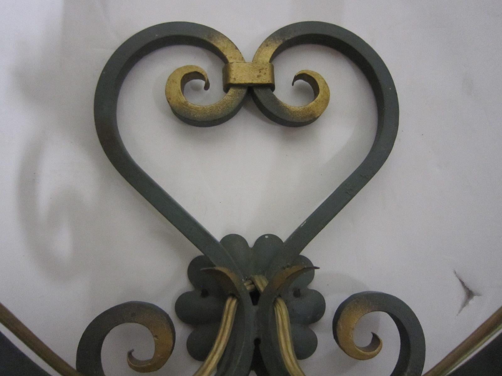 Pair of Original French Verde Green and Gilt Hand Forged Iron Sconces For Sale 2