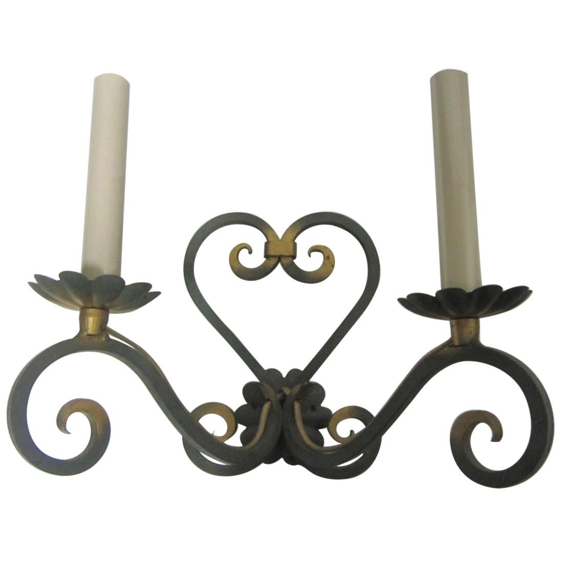 Pair of Original French Verde Green and Gilt Hand Forged Iron Sconces