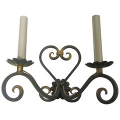 Pair of Original French Verde Green and Gilt Hand Forged Iron Sconces