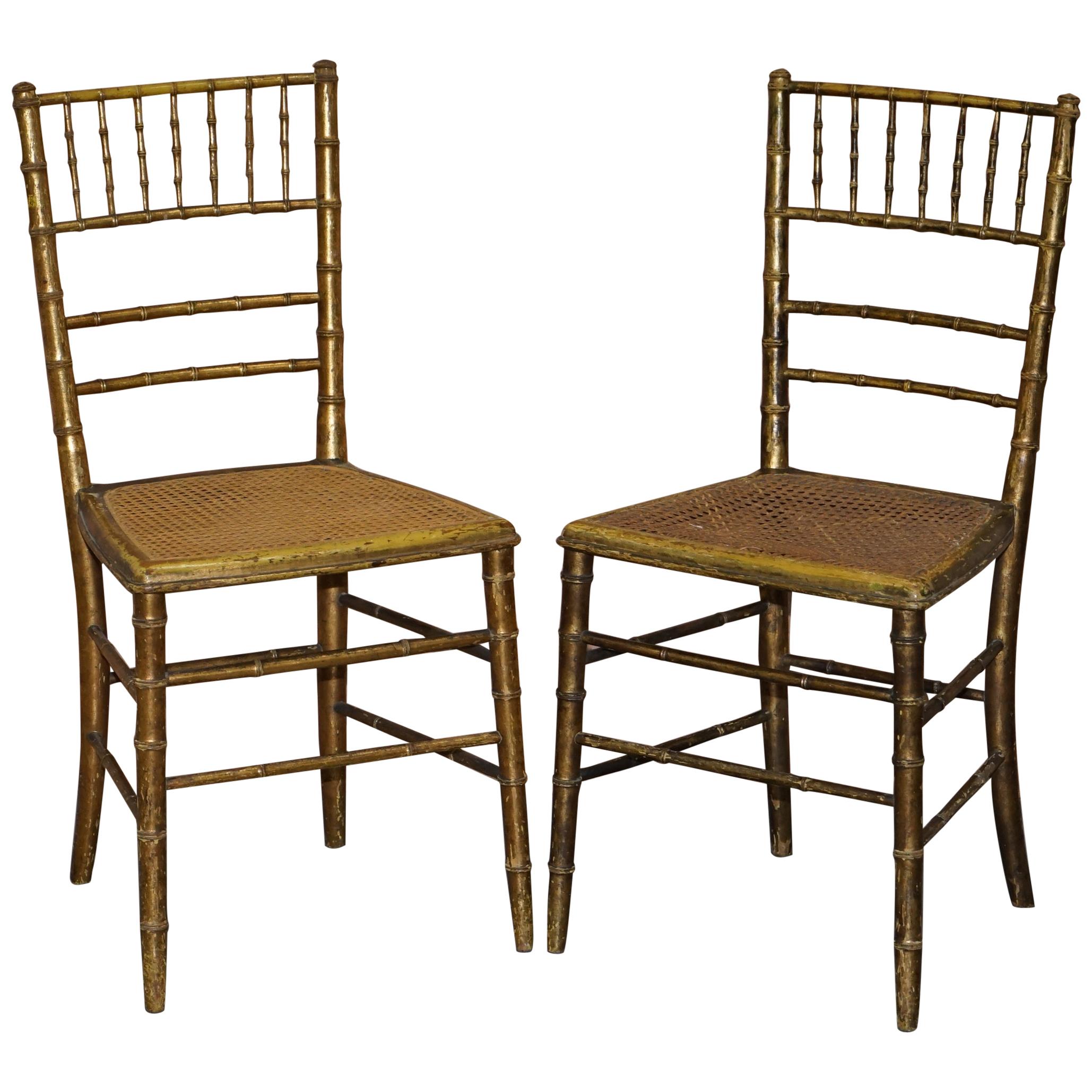 Pair of Original Giltwood Famboo Regency Bergere Chairs with Period Gold Gilding