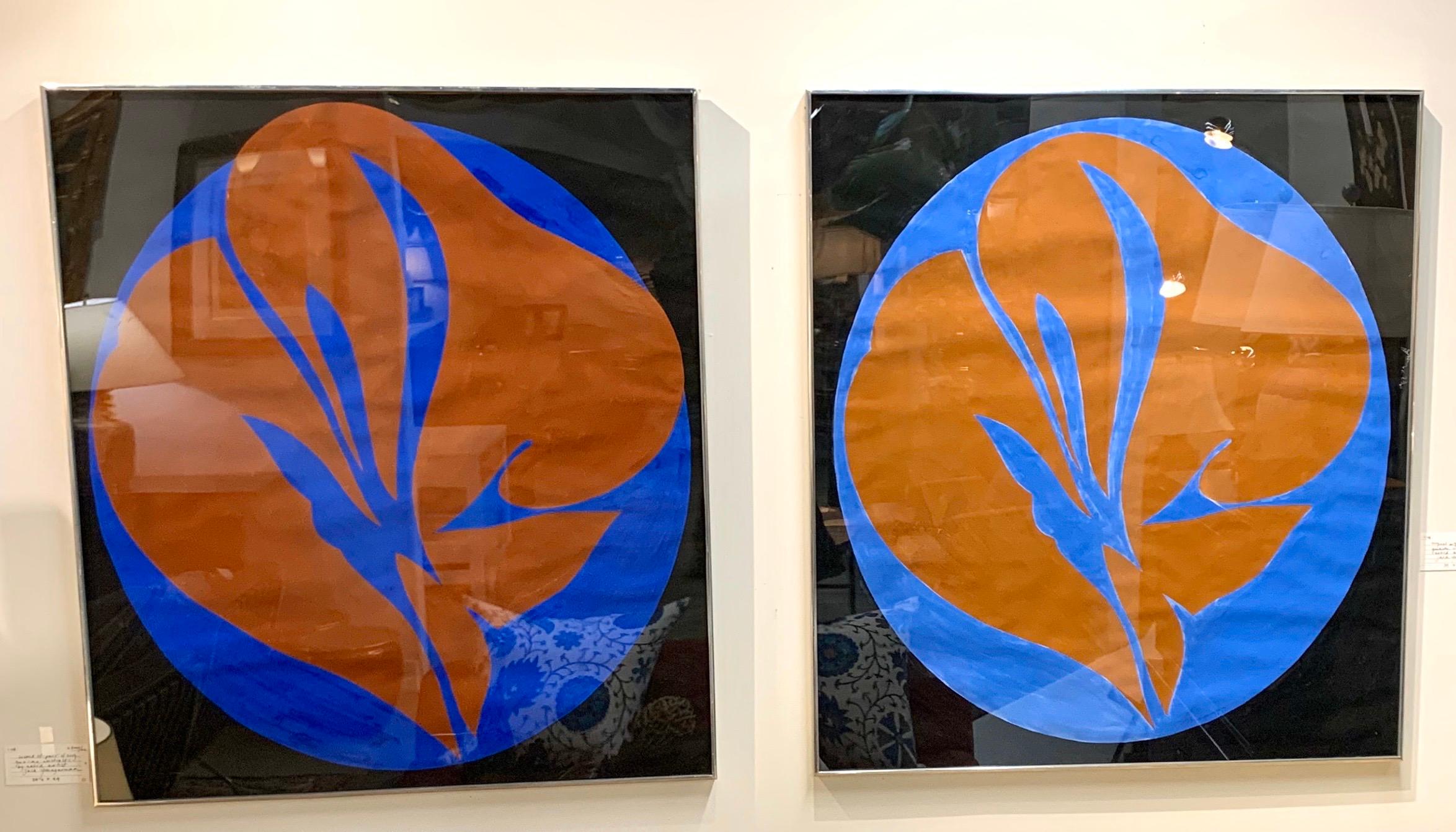 A companion set of two original framed gouache abstract paintings signed by the artist. Medium is gouache on canvas. This is for both paintings.