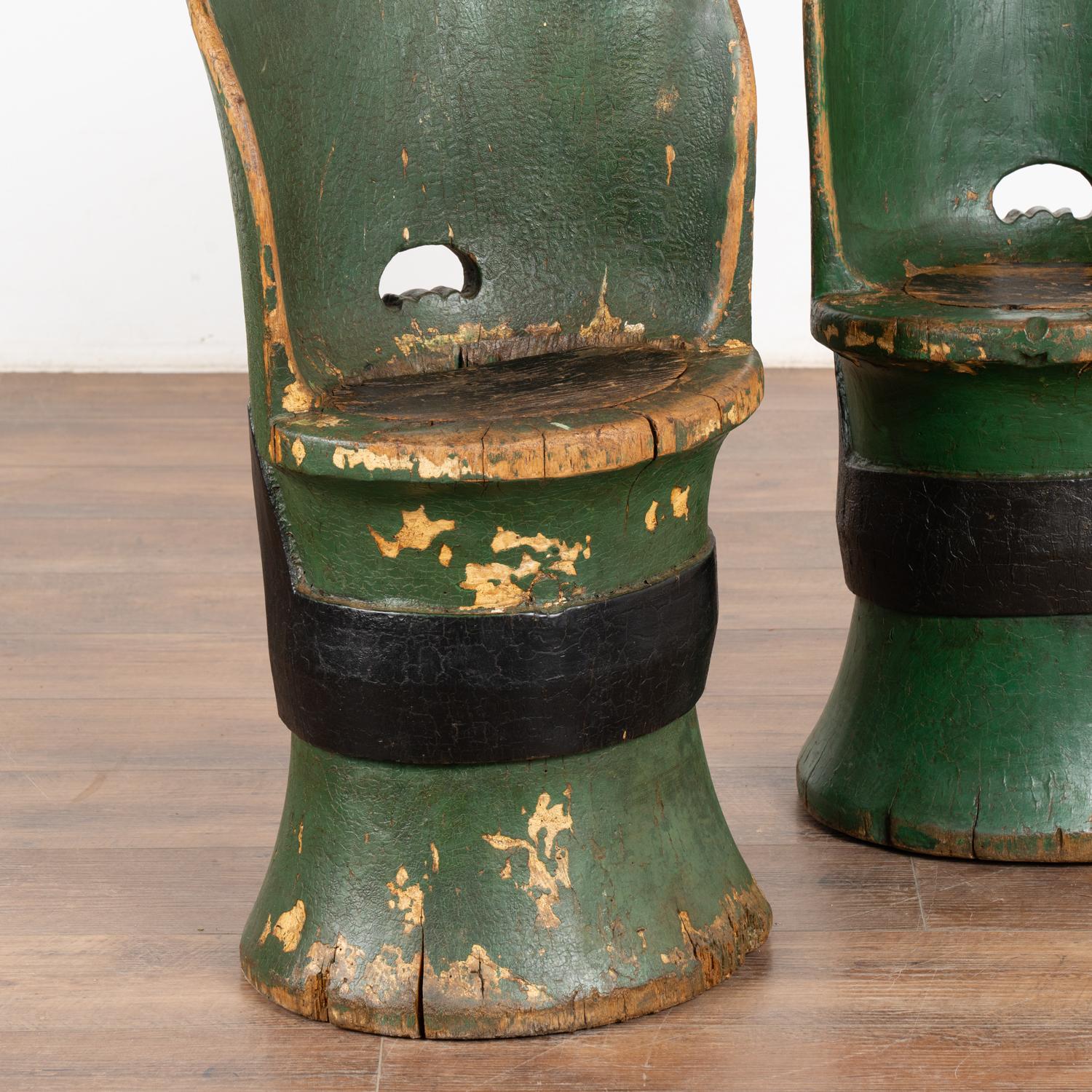 Swedish Pair of Original Green Painted Kubbestol Chairs, Sweden circa 1880 For Sale