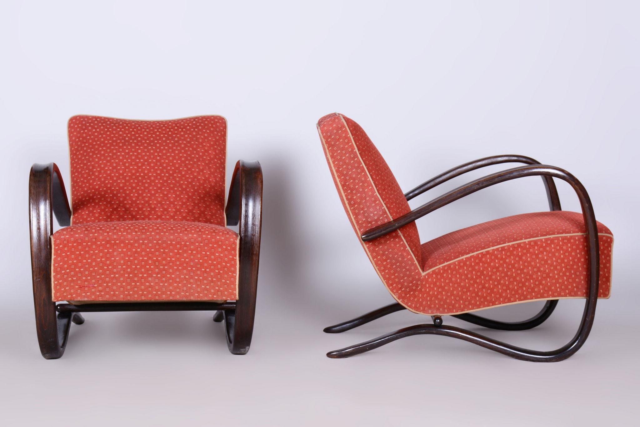 Fabric Pair of Original H-269 Armchairs, by Jindrich Halabala, UP Zavody, Czech, 1930s For Sale
