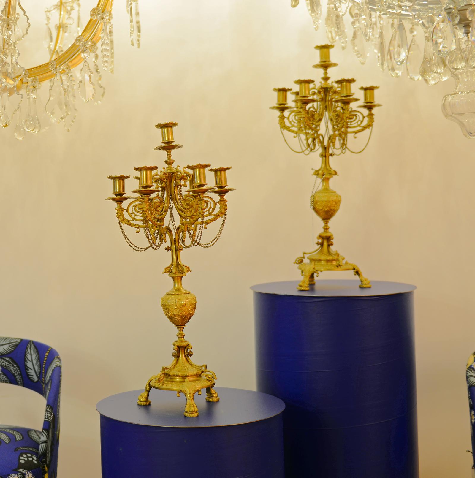 Brass Pair of Original Historistic Candlesticks Candle Holder Louis Seize Style For Sale