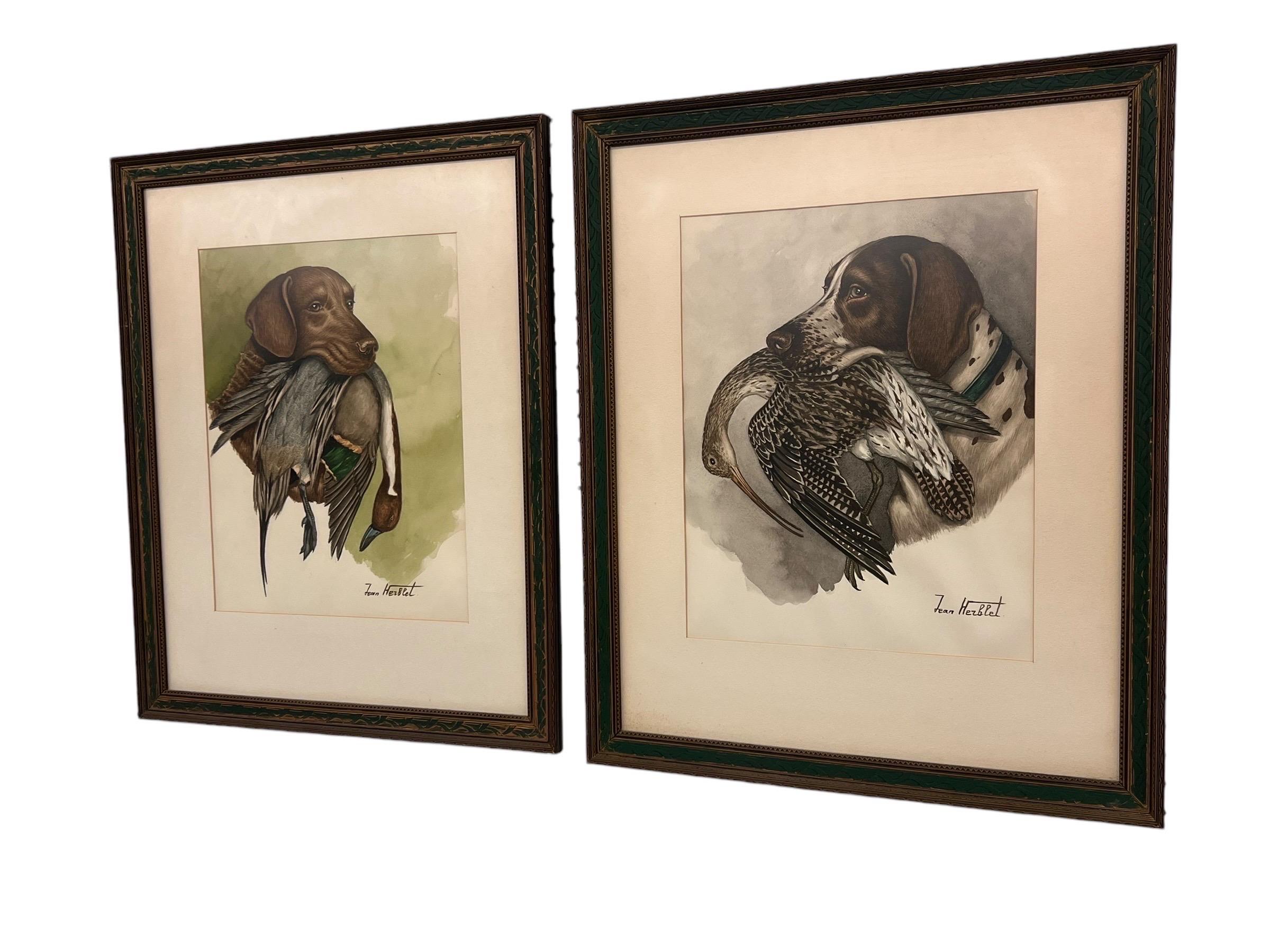 Mid-Century moderno Coppia di cani da caccia originali con fallo dipinti ad acquerello da un artista francese in vendita