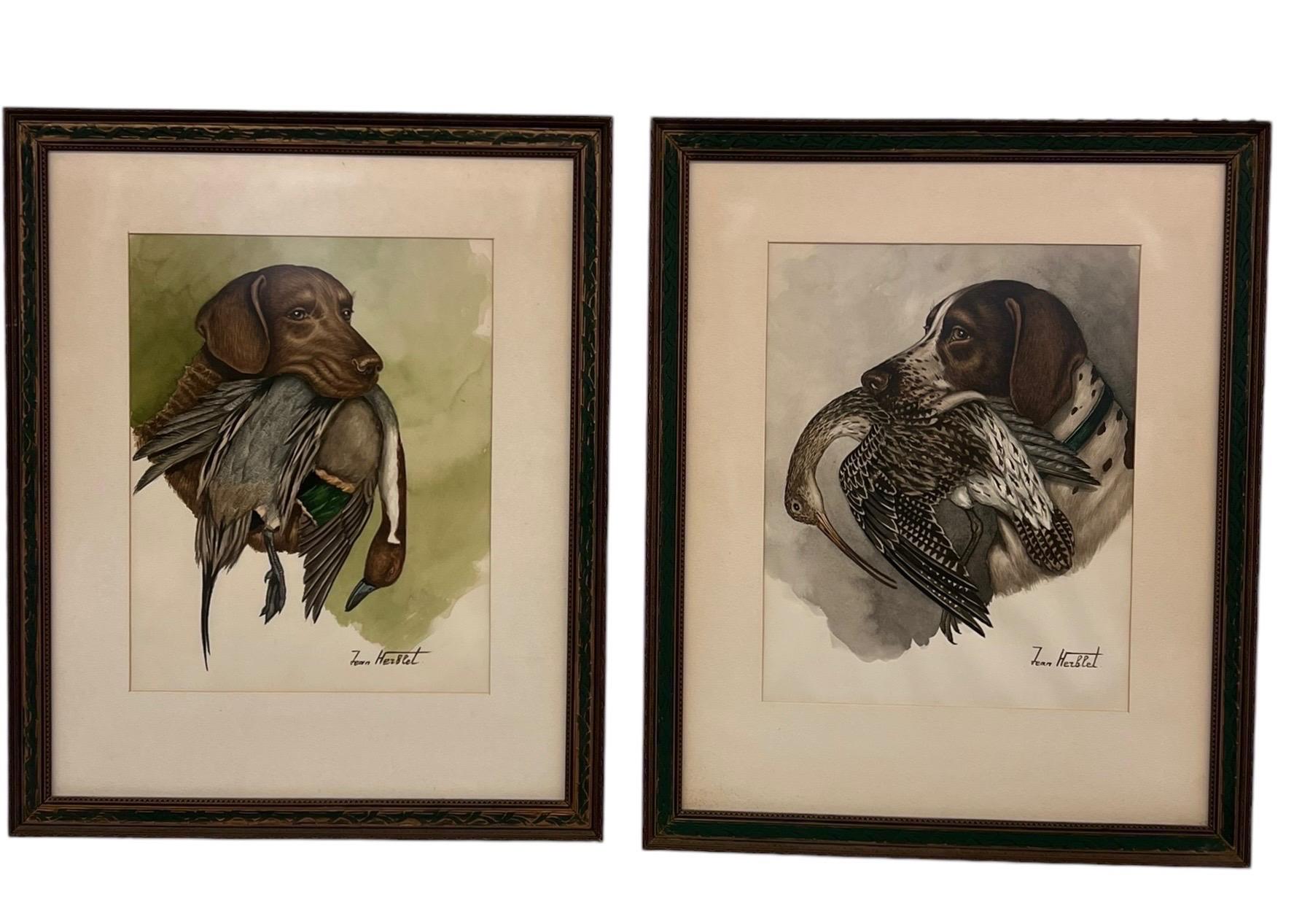 Fine XX secolo Coppia di cani da caccia originali con fallo dipinti ad acquerello da un artista francese in vendita