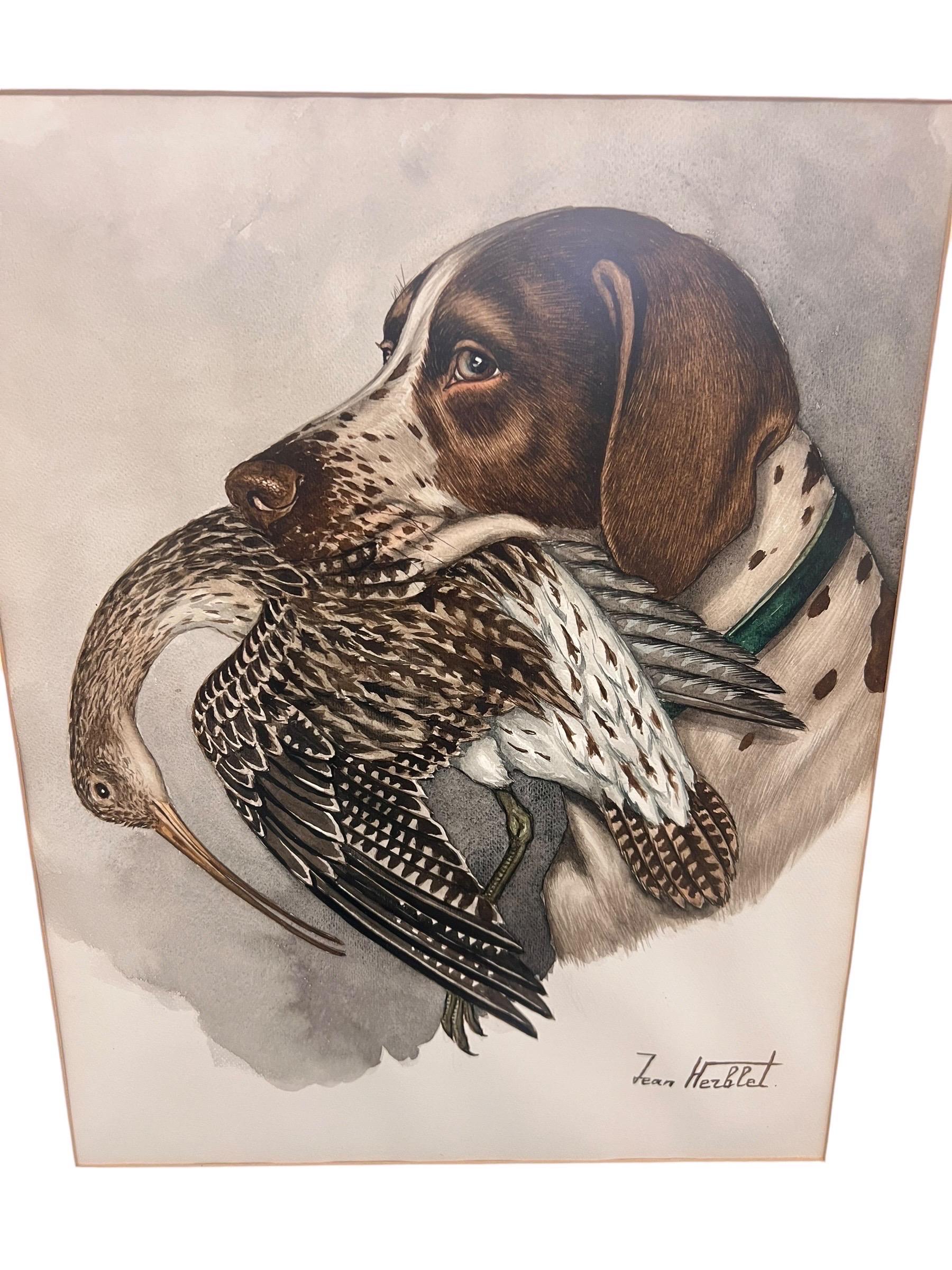 Legno Coppia di cani da caccia originali con fallo dipinti ad acquerello da un artista francese in vendita