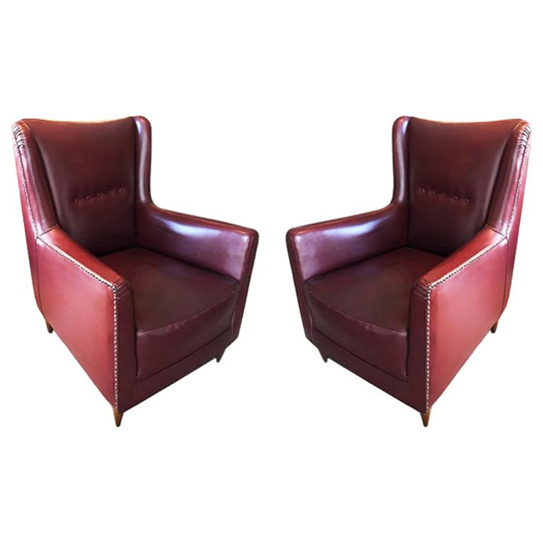 Pair of Original Italian Bordeaux Armchairs in Leather, 1940s