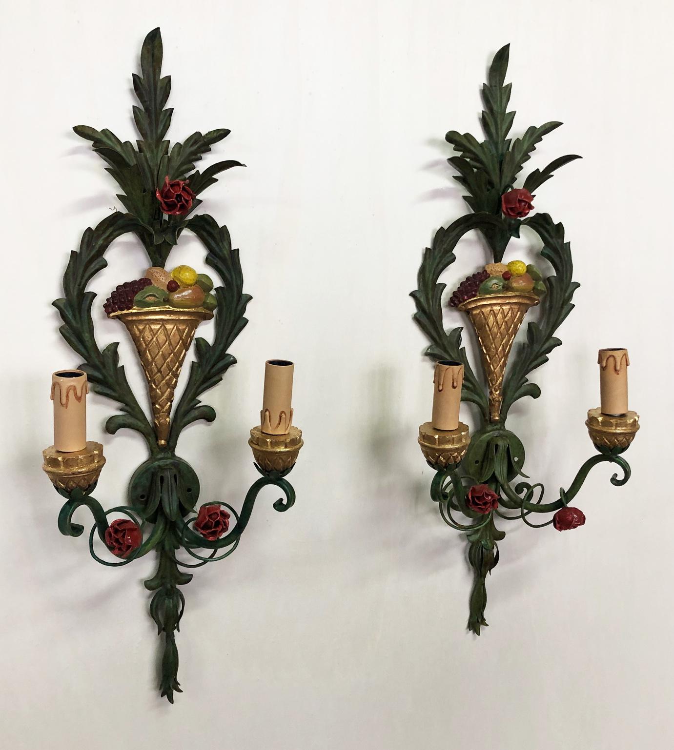 Iron Pair of Original Italian Wall Lights Flower Design For Sale