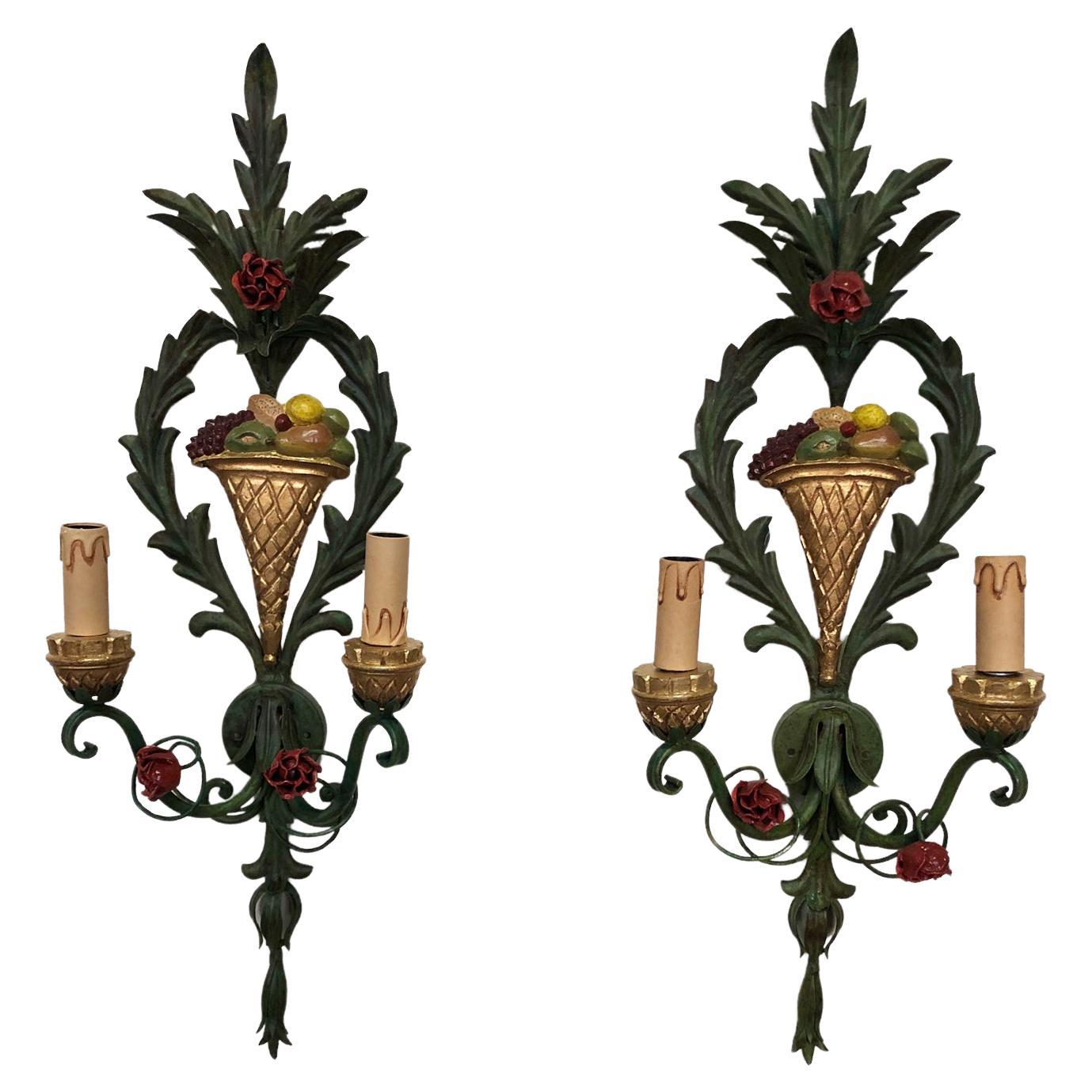 Pair of Original Italian Wall Lights Flower Design