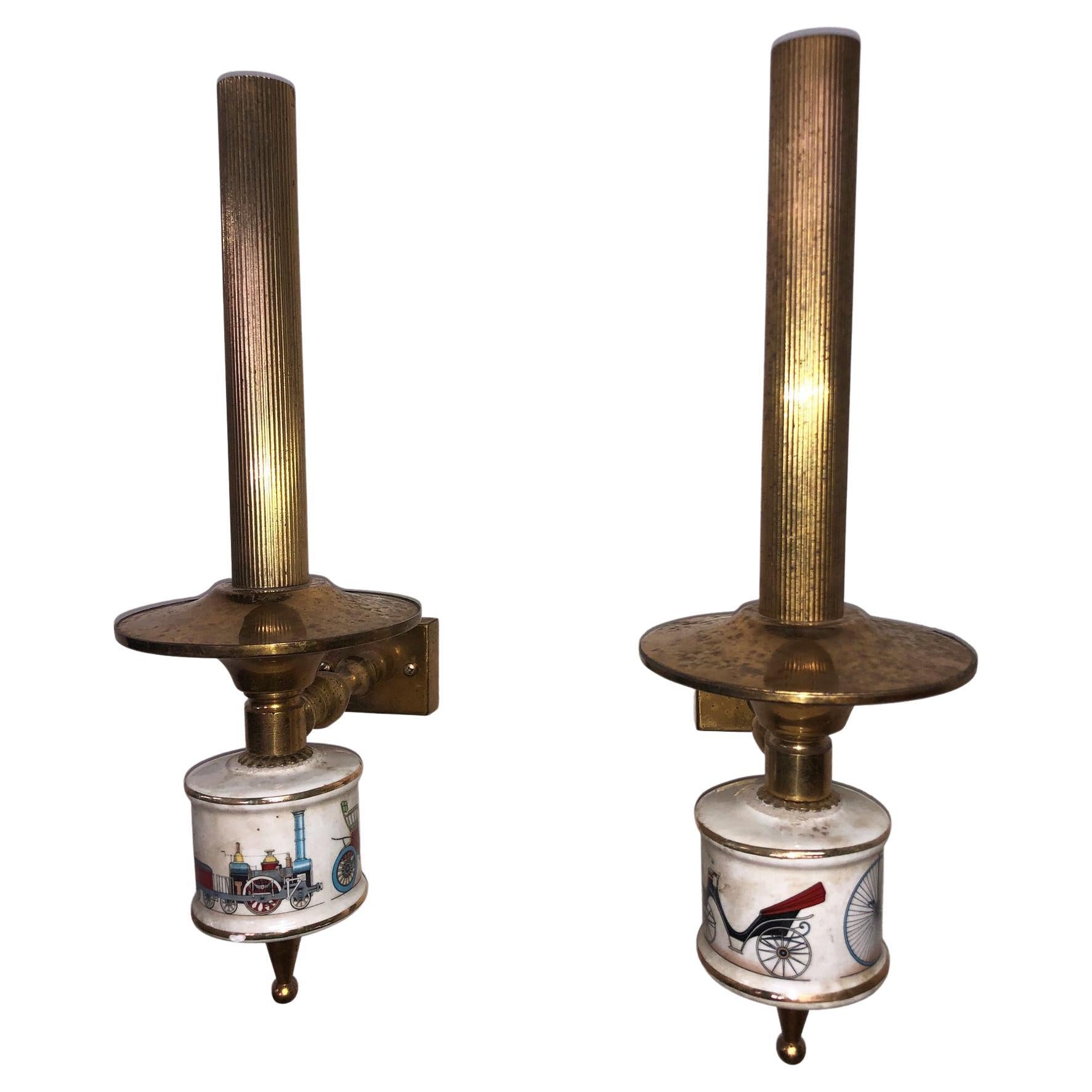 Pair of Original Italian Wall Lights Sconces Brass and Porcelain Design