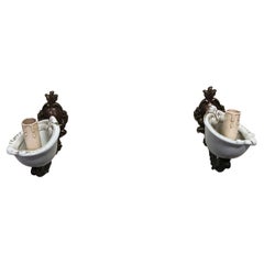 Pair of Original Italian Wall Lights Small Sconces Brass and Porcelain Design
