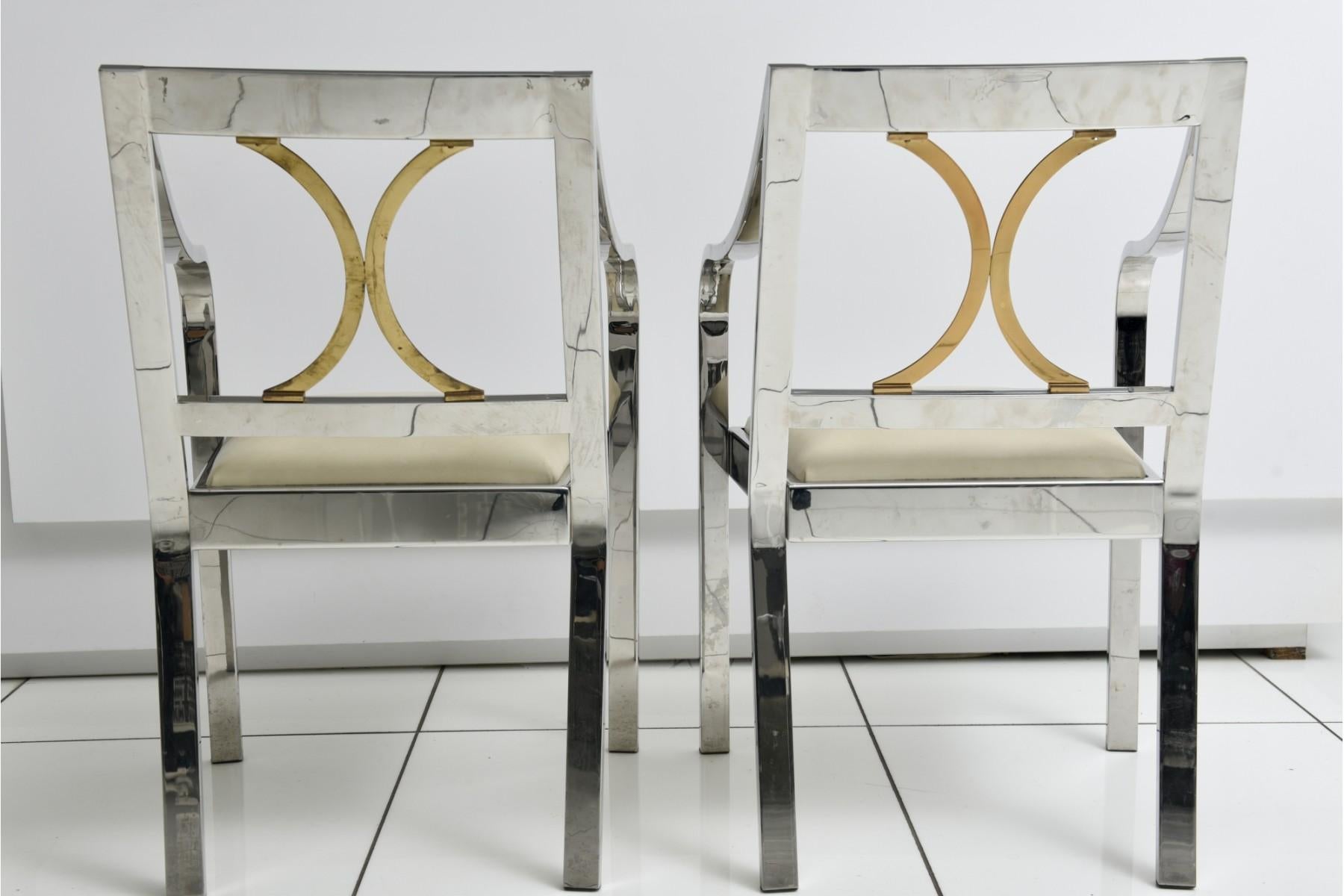 Polished Pair of Original Karl Springer Chairs, Stainless Steel and Brass For Sale