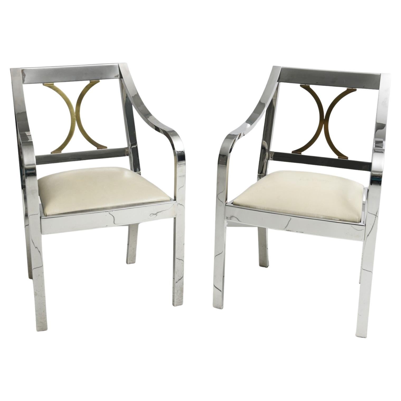 Pair of Original Karl Springer Chairs, Stainless Steel and Brass