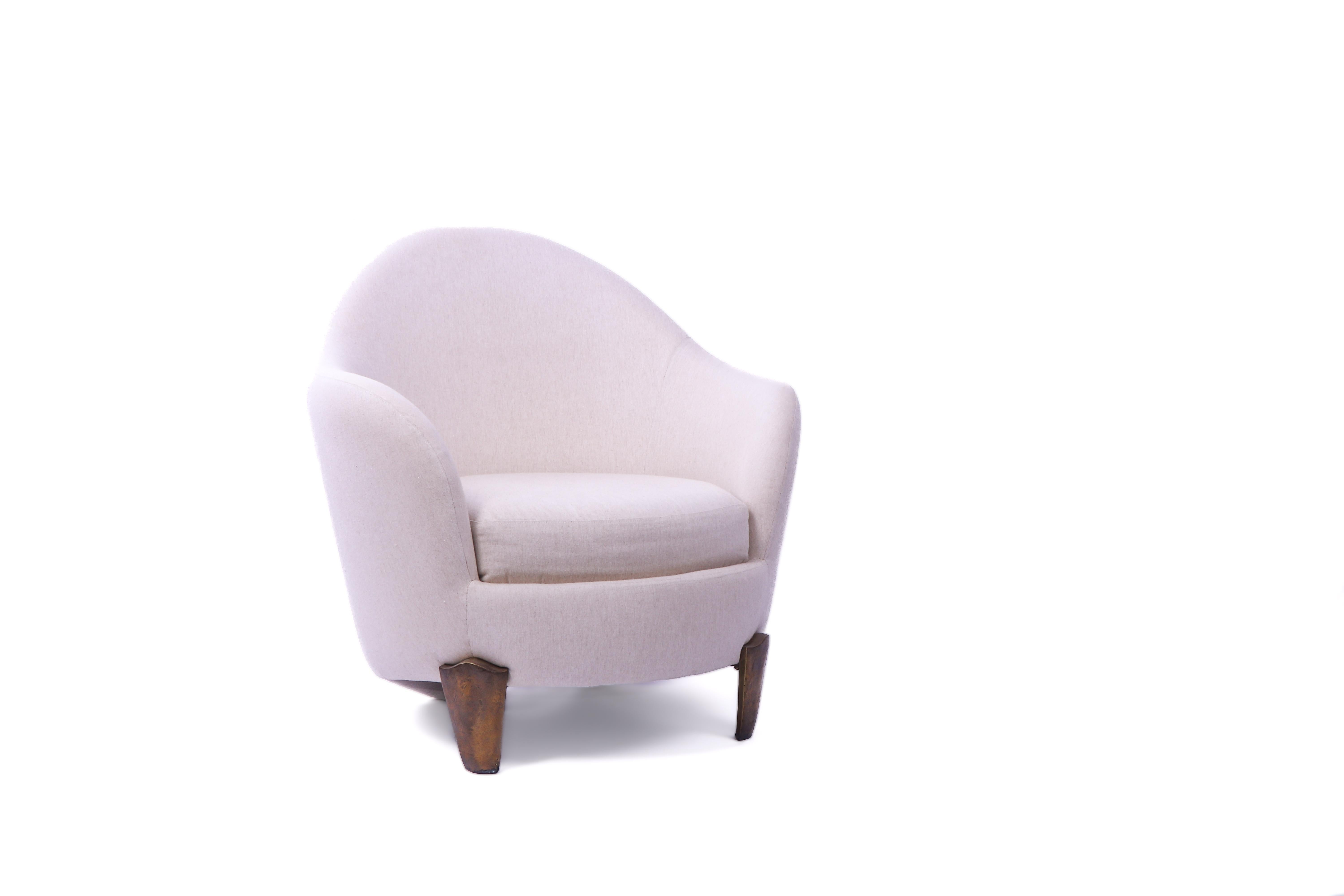Original Koala Club Chairs in fabric with bronze feet by the much celebrated duo Elizabeth Garouste & Mattia Bonetti. The feet are stamped 'BG', demonstrating their authenticity. 

New fabric.