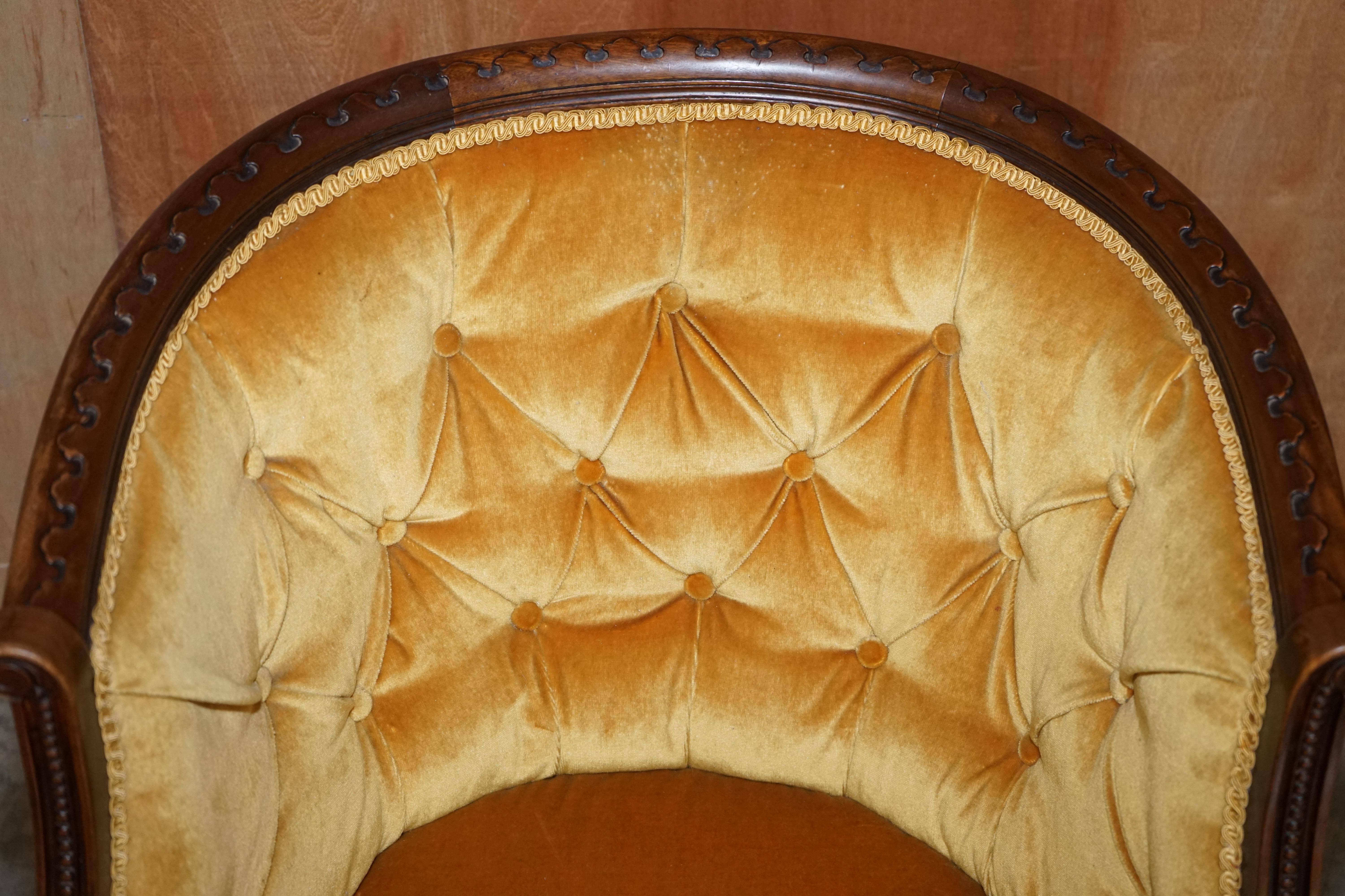 Pair of Original Late Regency Carved Hardwood Framed Velour Tub Armchairs 5