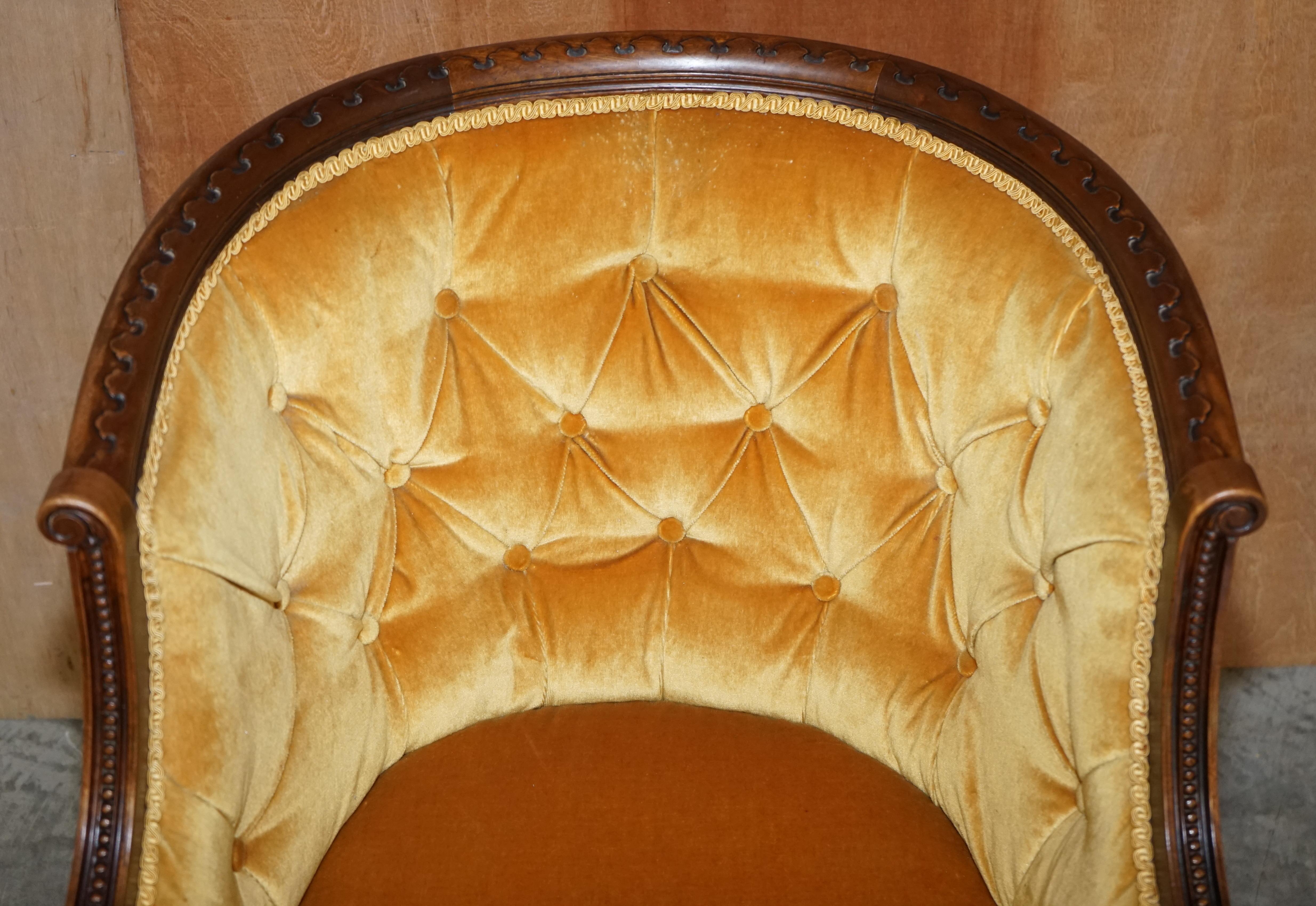 Pair of Original Late Regency Carved Hardwood Framed Velour Tub Armchairs 6