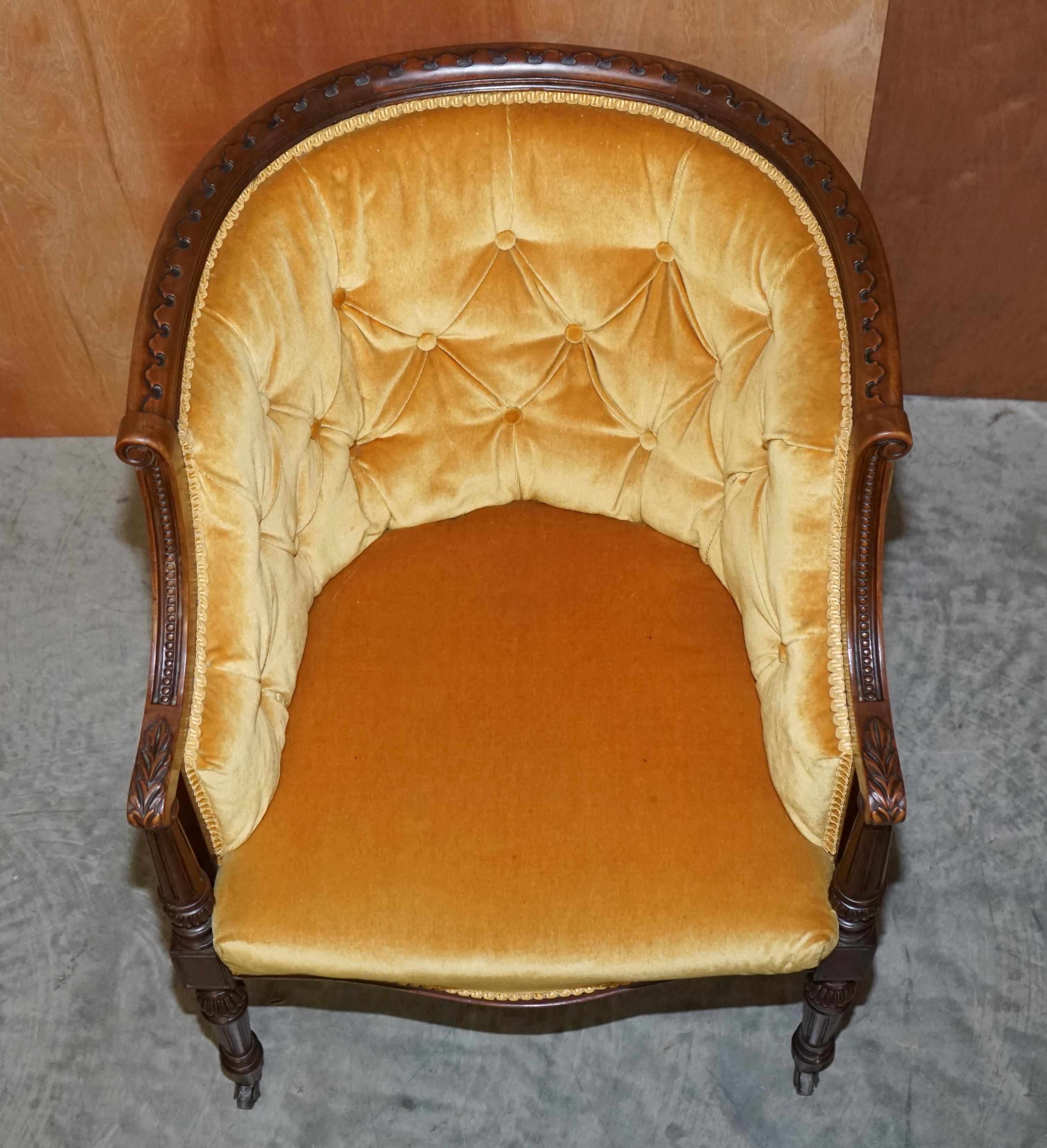Pair of Original Late Regency Carved Hardwood Framed Velour Tub Armchairs 12