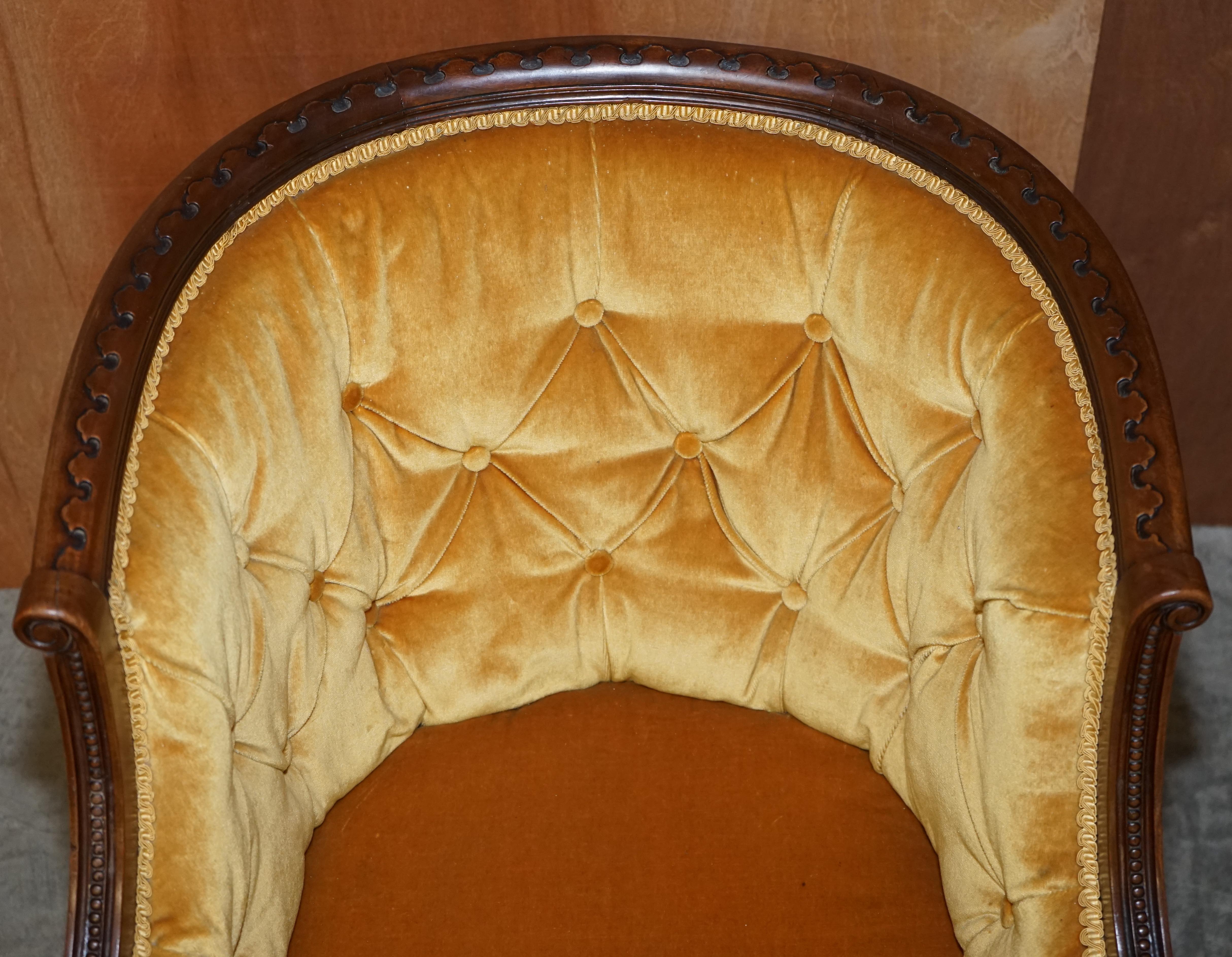 Pair of Original Late Regency Carved Hardwood Framed Velour Tub Armchairs 13