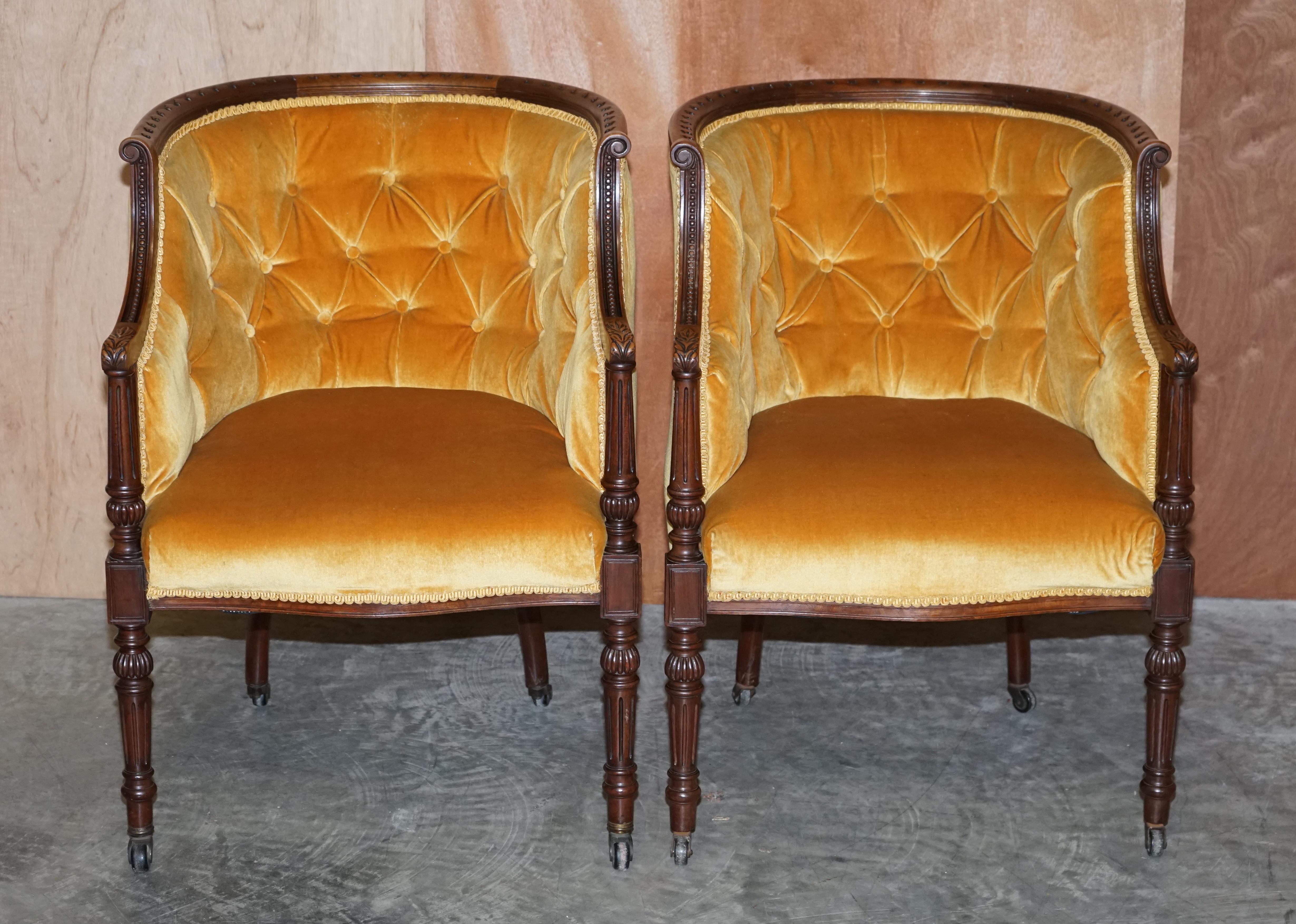 We are delighted to offer for sale this lovely pair of original late Regency tub armchairs with carved hardwood frames and velour tufted upholstery

A very good looking and well made pair, these are parlour or gentleman’s club tub chairs, ideal