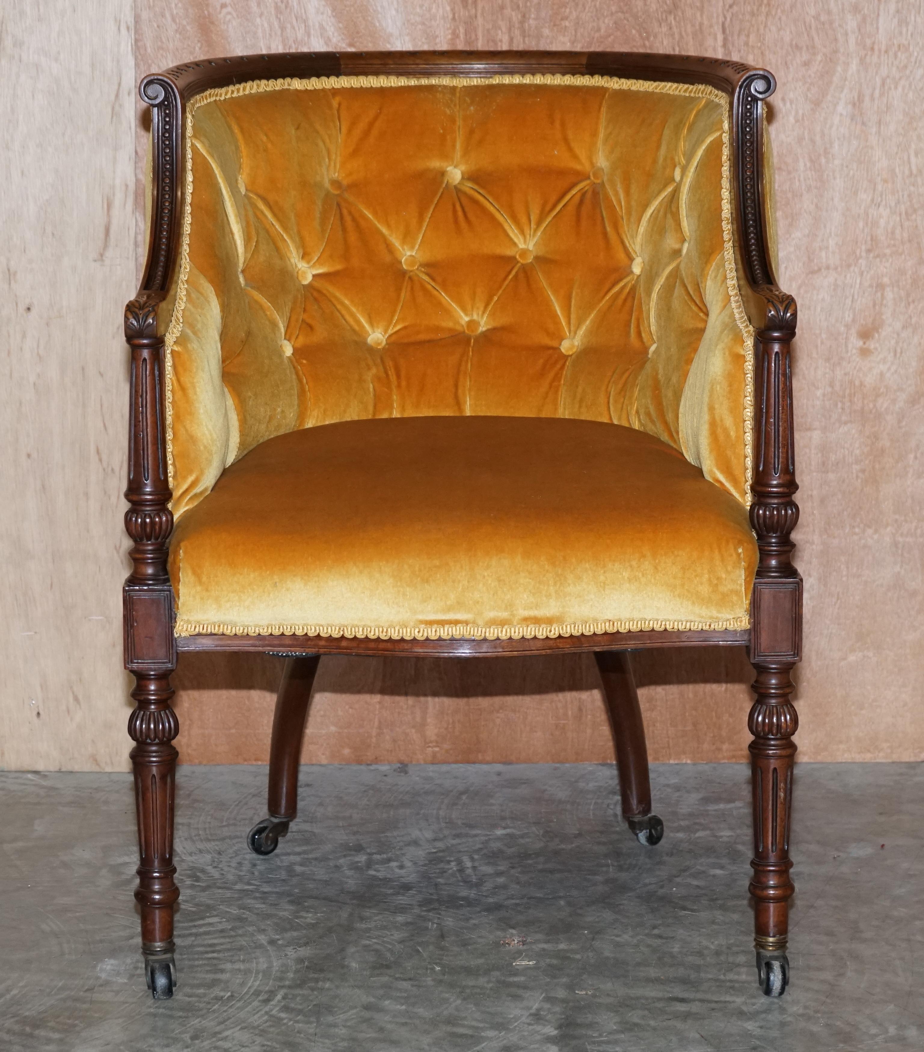 Hand-Crafted Pair of Original Late Regency Carved Hardwood Framed Velour Tub Armchairs