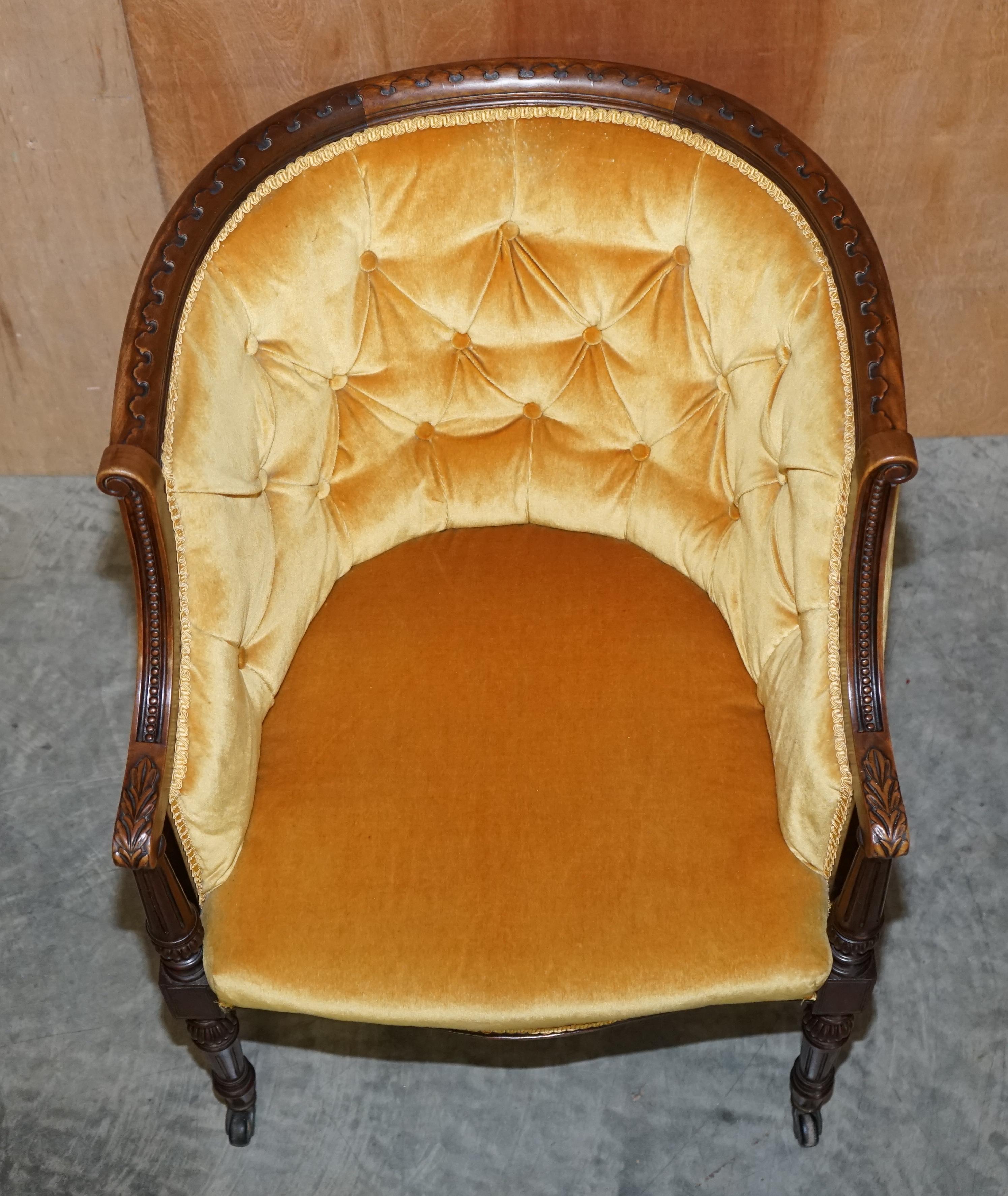 Upholstery Pair of Original Late Regency Carved Hardwood Framed Velour Tub Armchairs