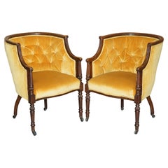 Pair of Original Late Regency Carved Hardwood Framed Velour Tub Armchairs