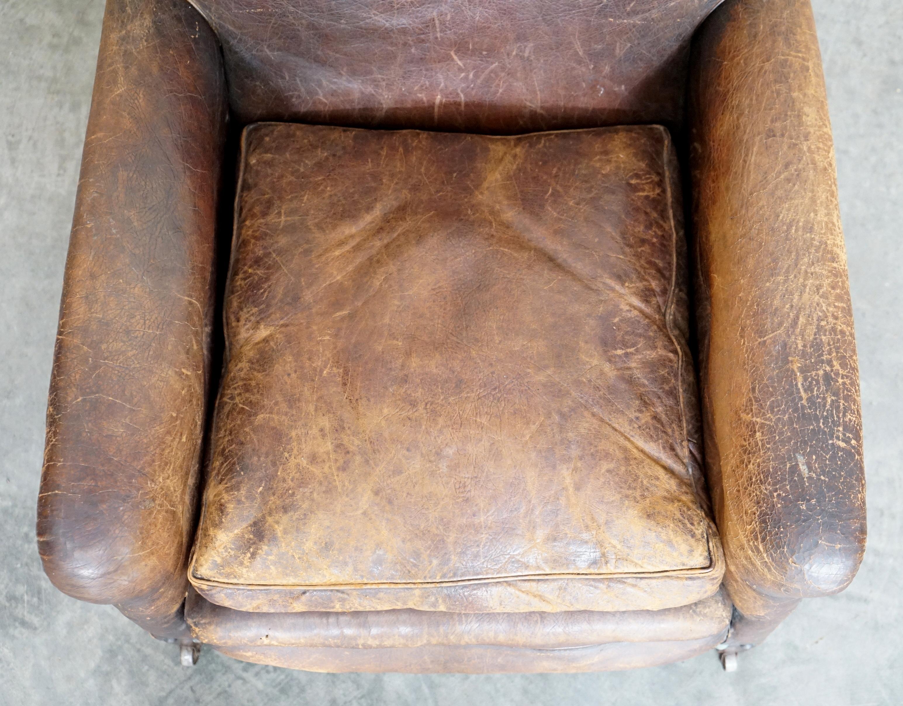Pair of Original Leather Antique Victorian Club Armchairs Chippendale Buttons 14