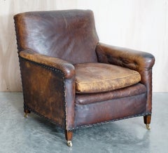Pair of Original Leather Antique Victorian Club Armchairs Chippendale Buttons