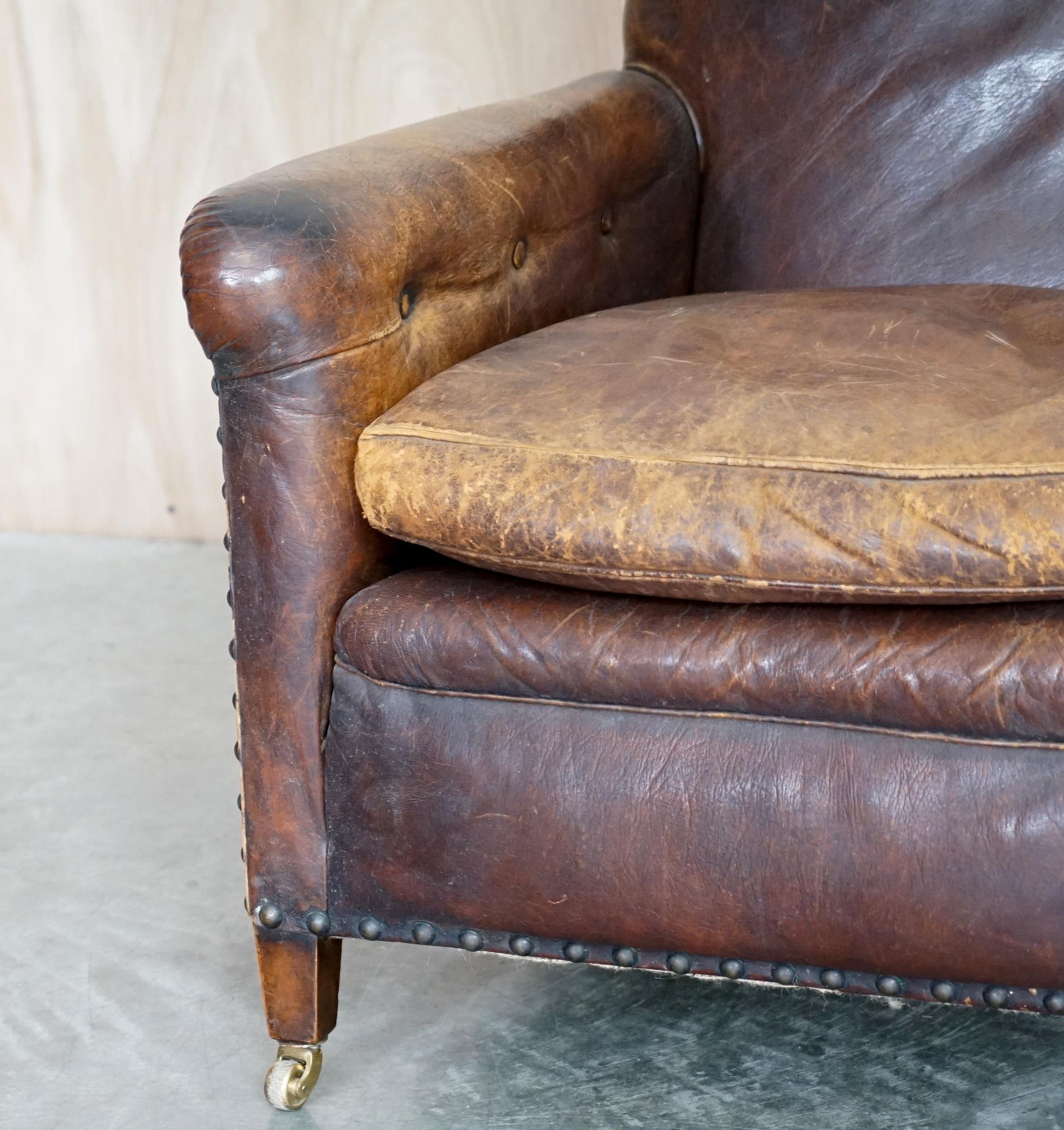 19th Century Pair of Original Leather Antique Victorian Club Armchairs Chippendale Buttons