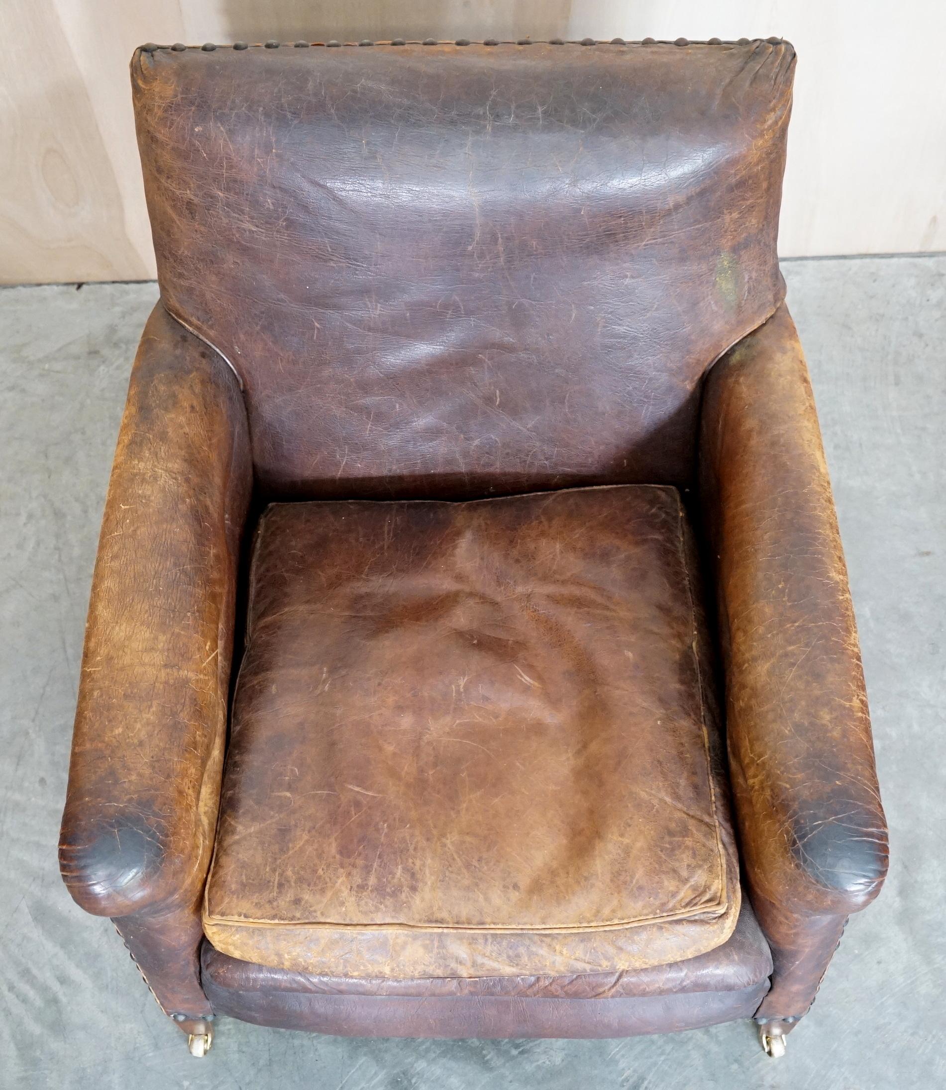Pair of Original Leather Antique Victorian Club Armchairs Chippendale Buttons 3