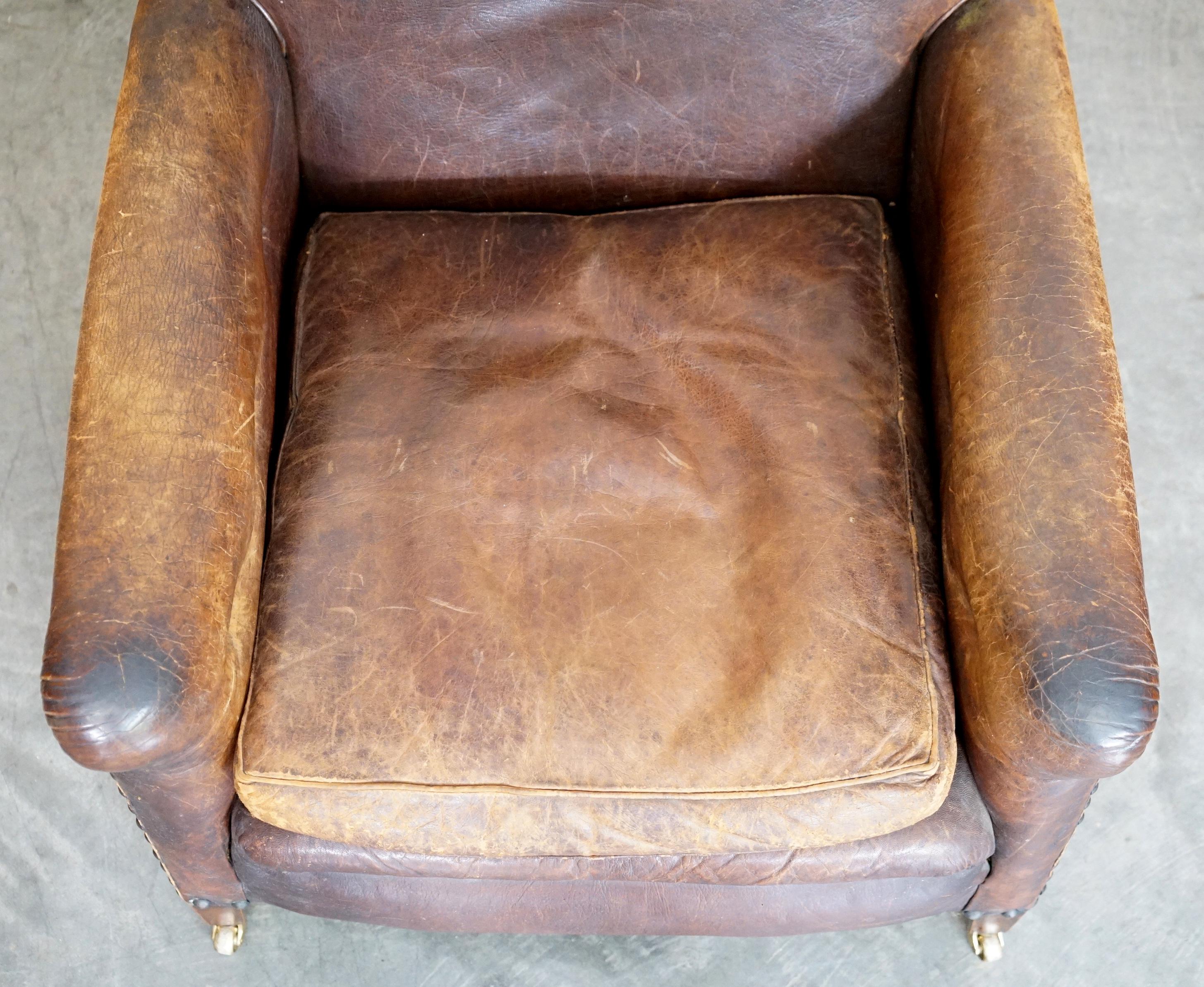 Pair of Original Leather Antique Victorian Club Armchairs Chippendale Buttons 4