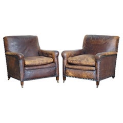 Pair of Original Leather Antique Victorian Club Armchairs Chippendale Buttons
