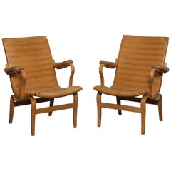 Pair of Original Leather Bruno Mathsson 
Eva
 Chairs for DUX, Sweden, 1960s