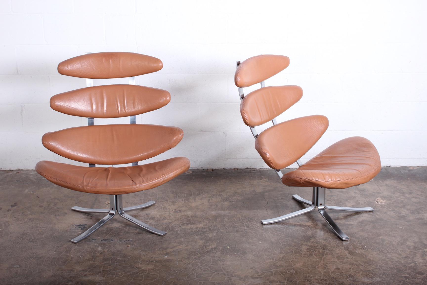Mid-20th Century Pair of Original Leather Corona Chairs by Poul Volther