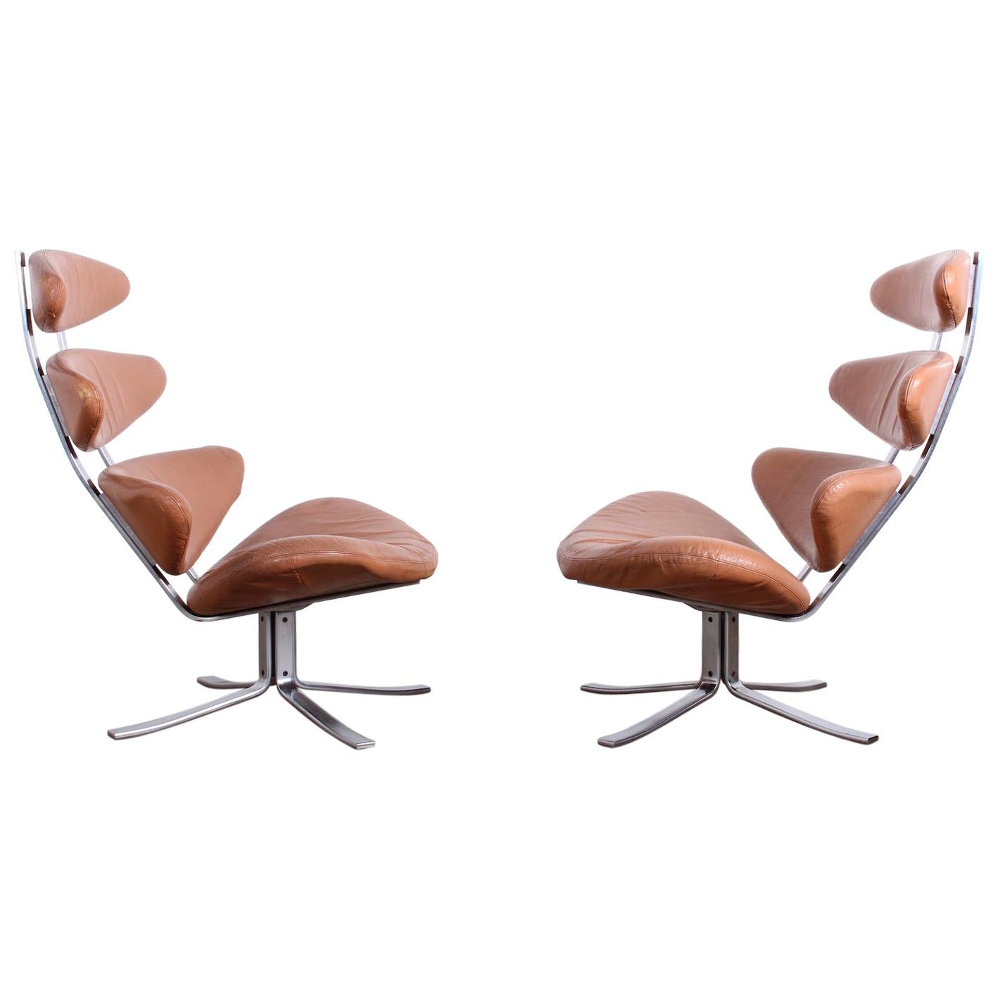 Pair of Original Leather Corona Chairs by Poul Volther