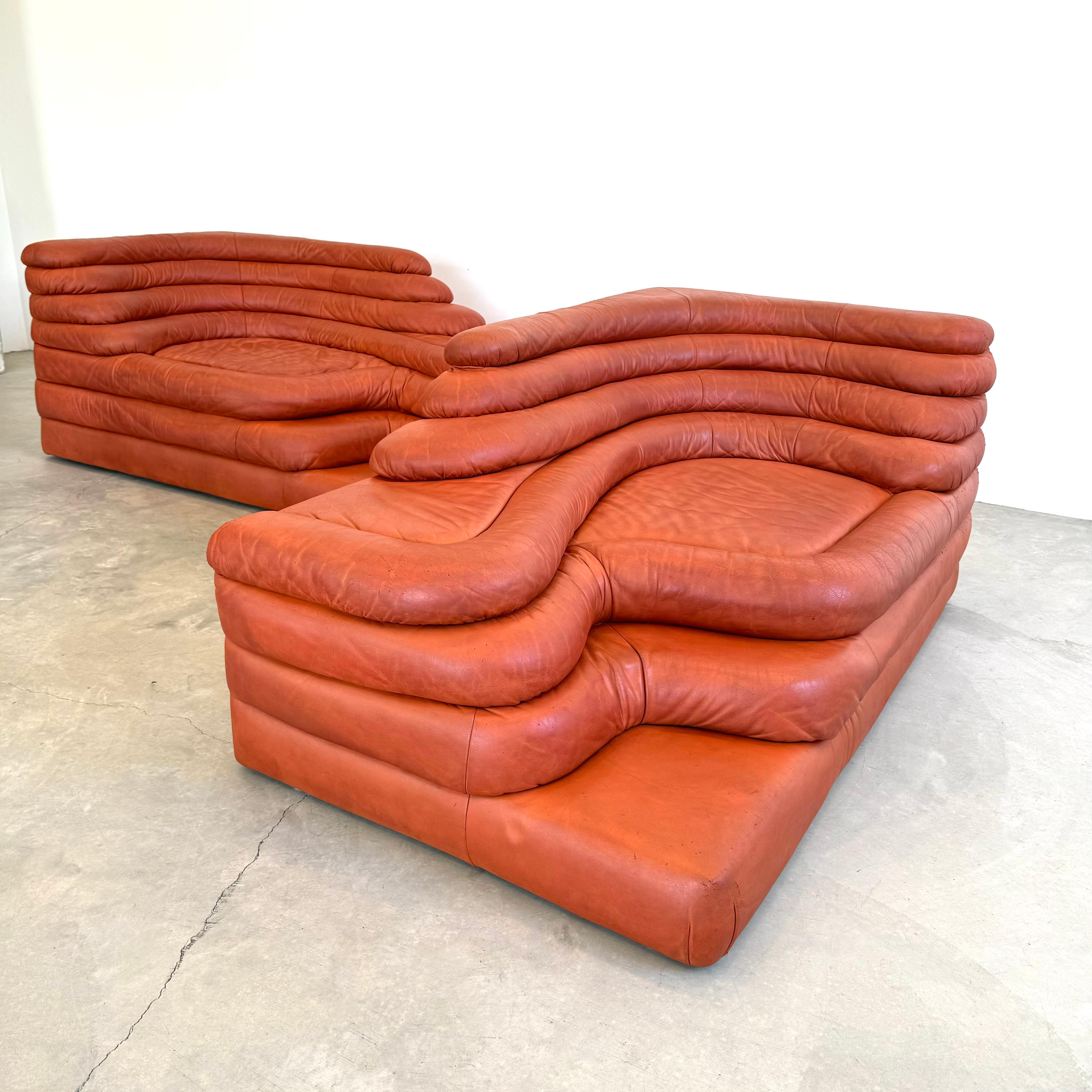 Ein Paar originaler Terrazza-Sofas aus Leder von Ubald Klug für De Sede, 1970er Jahre, Schweiz. Das vielleicht begehrteste Sofa der Welt. Satte Farbe des Leders mit außergewöhnlicher Patina. Kürzlich Farbe gewaschen und gewachst. Unbegrenzte