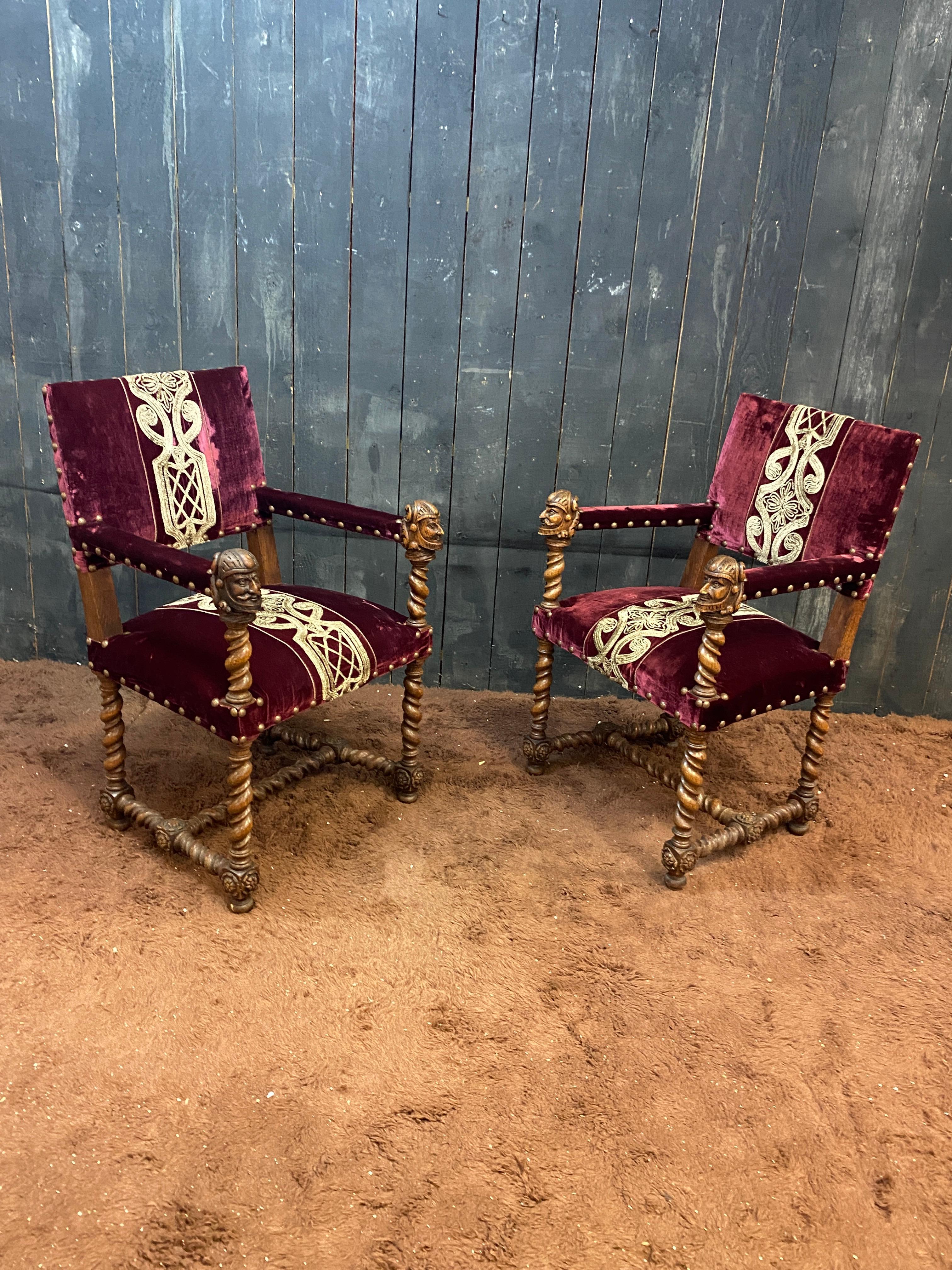 Pair of original Louis XIII style armchairs in oak circa 1930, new fabric For Sale 4