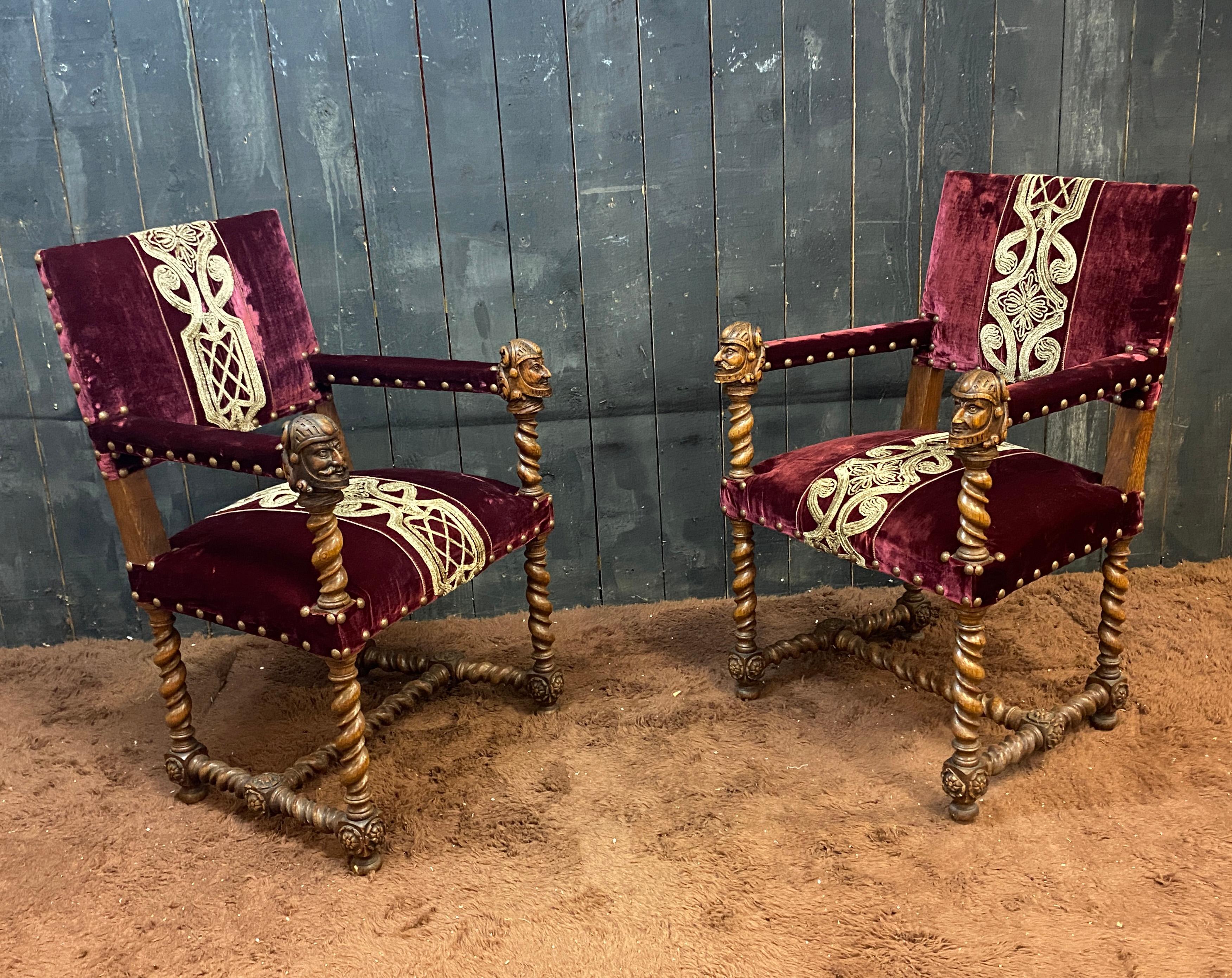 Pair of original Louis XIII style armchairs in oak circa 1930,
 new fabric,