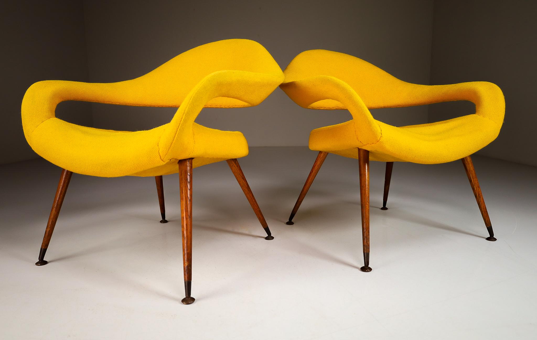 Very beautiful and iconic pair of original lounge chairs designed by Gastone Rinaldi in 1954, Italy.

The shape of the armchairs is sculptural, unique, and extraordinary: the two delicate armrests merge to form a backrest with very filigree