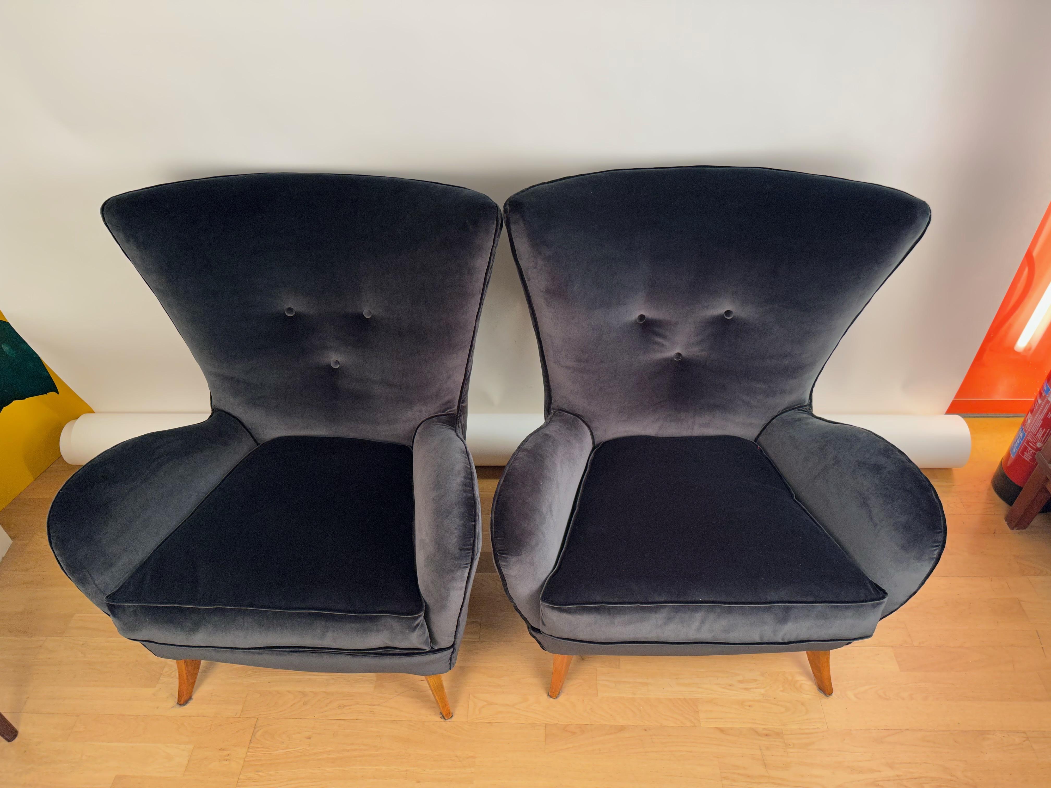 Mid-20th Century Pair of Original Mid-Century Modern Italian Blue Velvet 1950 Armchairs