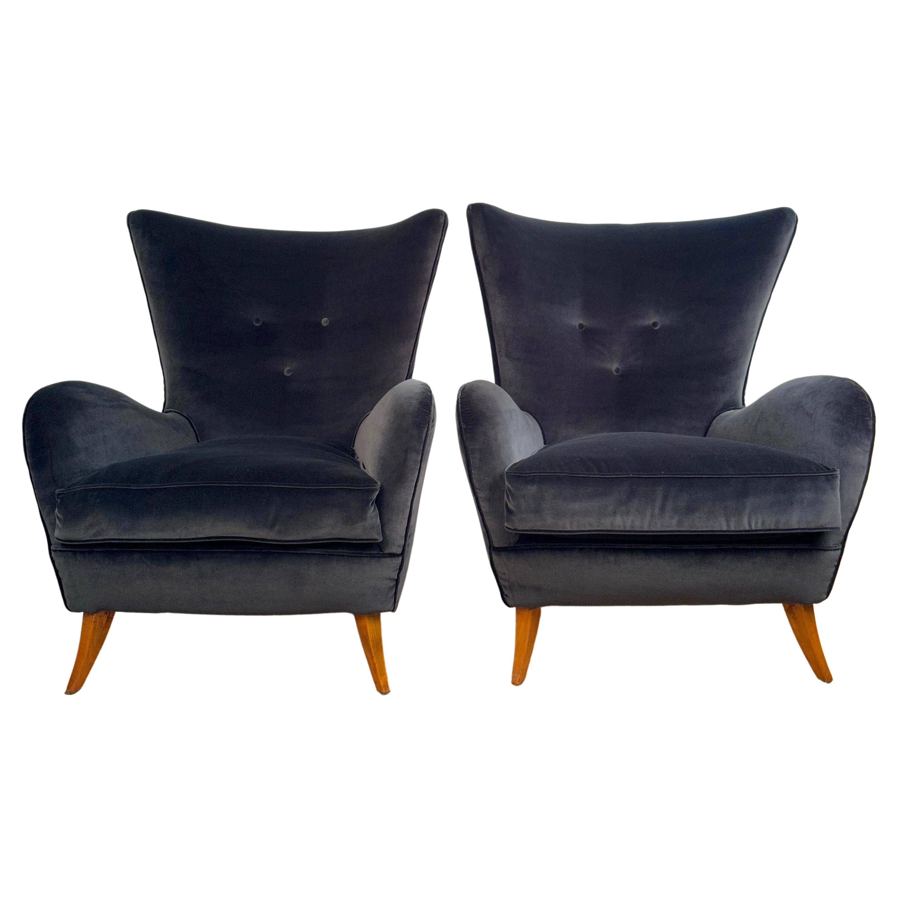 Pair of Original Mid-Century Modern Italian Blue Velvet 1950 Armchairs