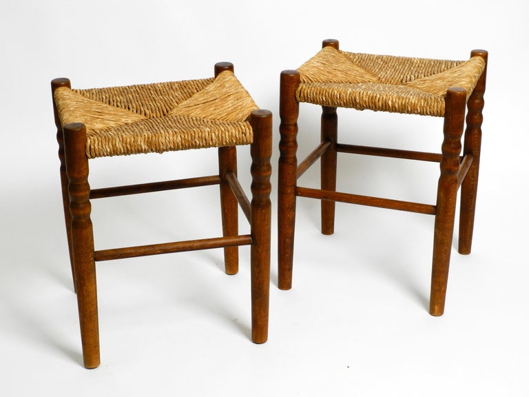 Pair of Original MidCentury Modern Oak Stools with Rush Weave For Sale