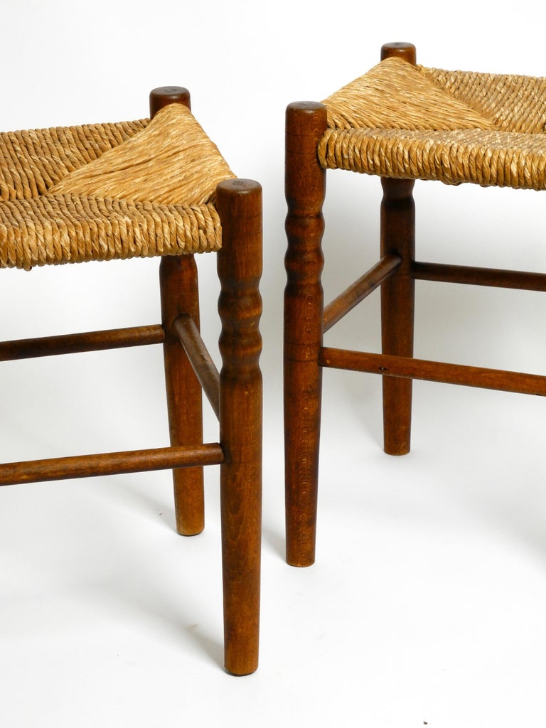 Pair of Original MidCentury Modern Oak Stools with Rush Weave For Sale